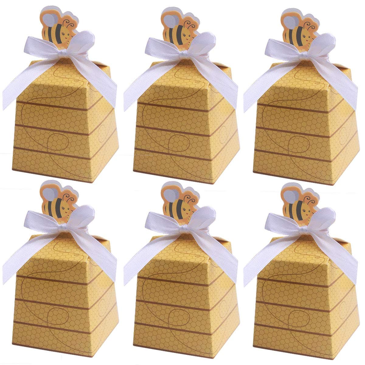 MeiMeiDa 30 Pack Bumble Bee Candy Boxes Treat Boxes Paper Beehive Gift Box with Ribbon for Bee Party Decoration Bee Birthday Baby Shower Favors Supplies