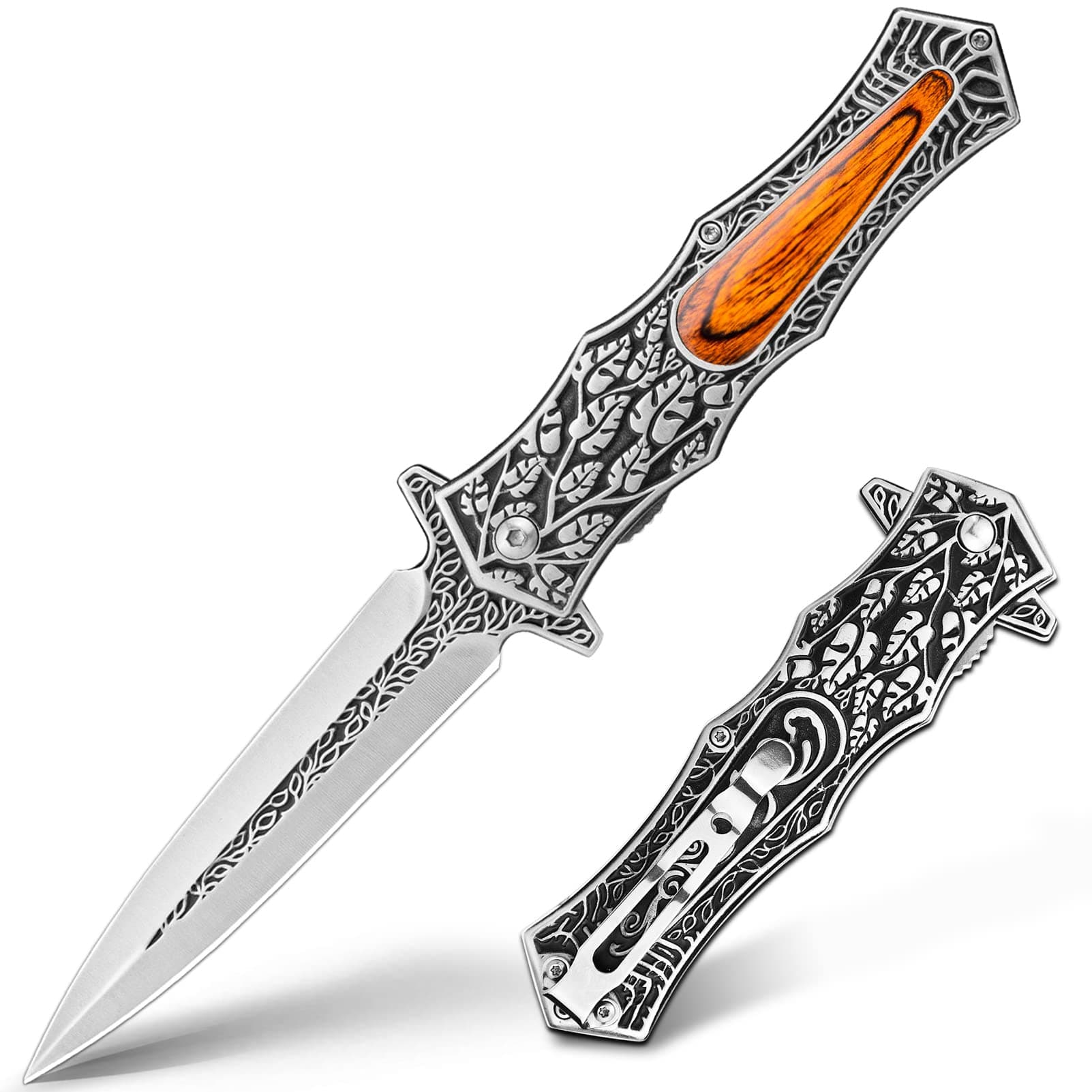 VALHALLA PASTOR Pocket Knife, 3.7'' Folding Knife with 3D Retro Embossed Pattern, Pocket Knife For Men, Liner Lock, Cool EDC Knives, Viking Knife