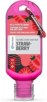 Palm Safe Strawberry 60ml Anti Bacterial Premium Hand Sanitiser Travel Size Refillable Clip Bottle Quick Drying Non Sticky Extra Moisturising Kills 99.9% of Viruses and Bacteria