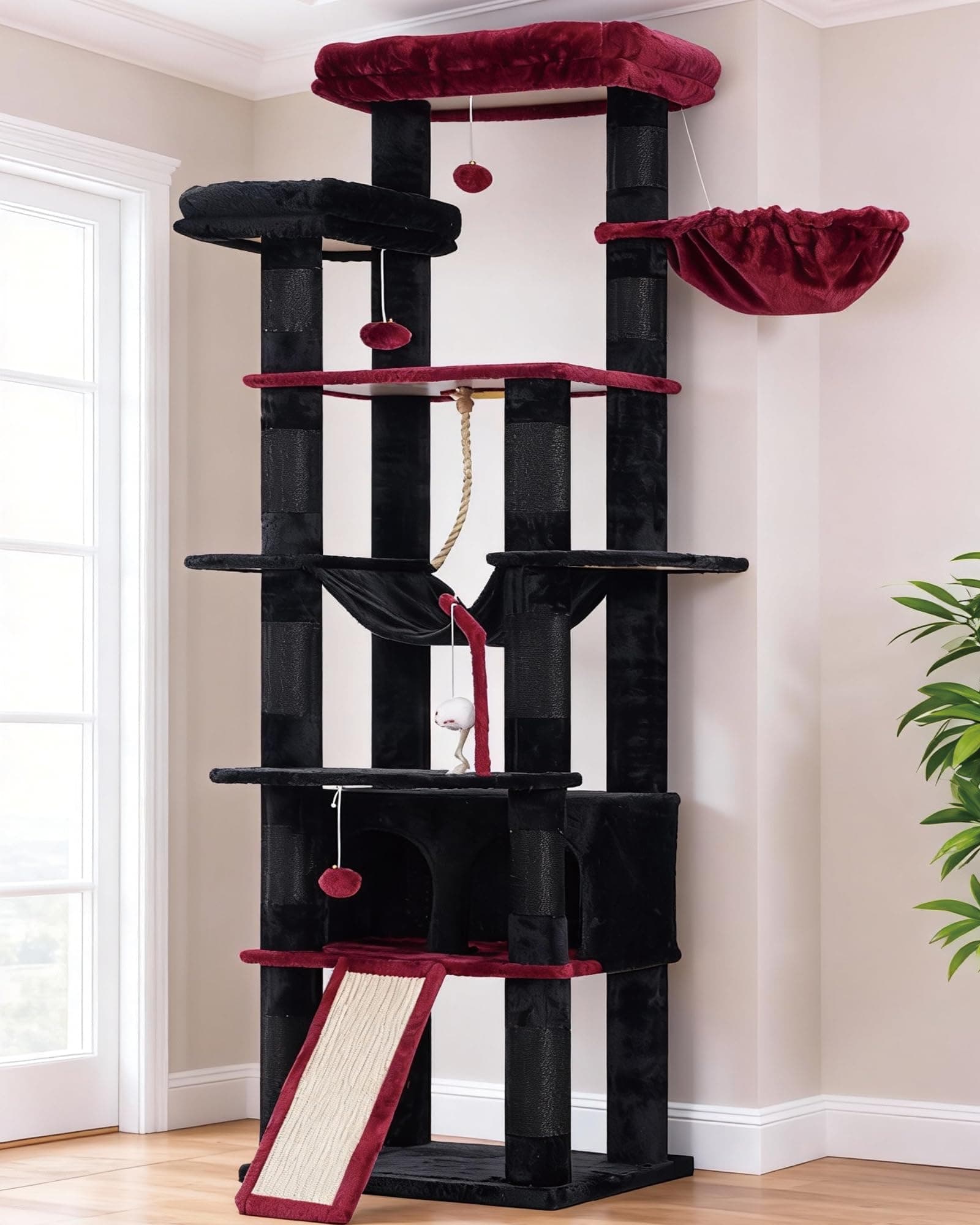 Heybly Tall Cat Tree, 78-inch Multi-Level Cat Tower for Indoor Cats, 2 Widened Plush Perches Cat Condo with Scratching Board and Big Caves, Black and Red HCT033BR