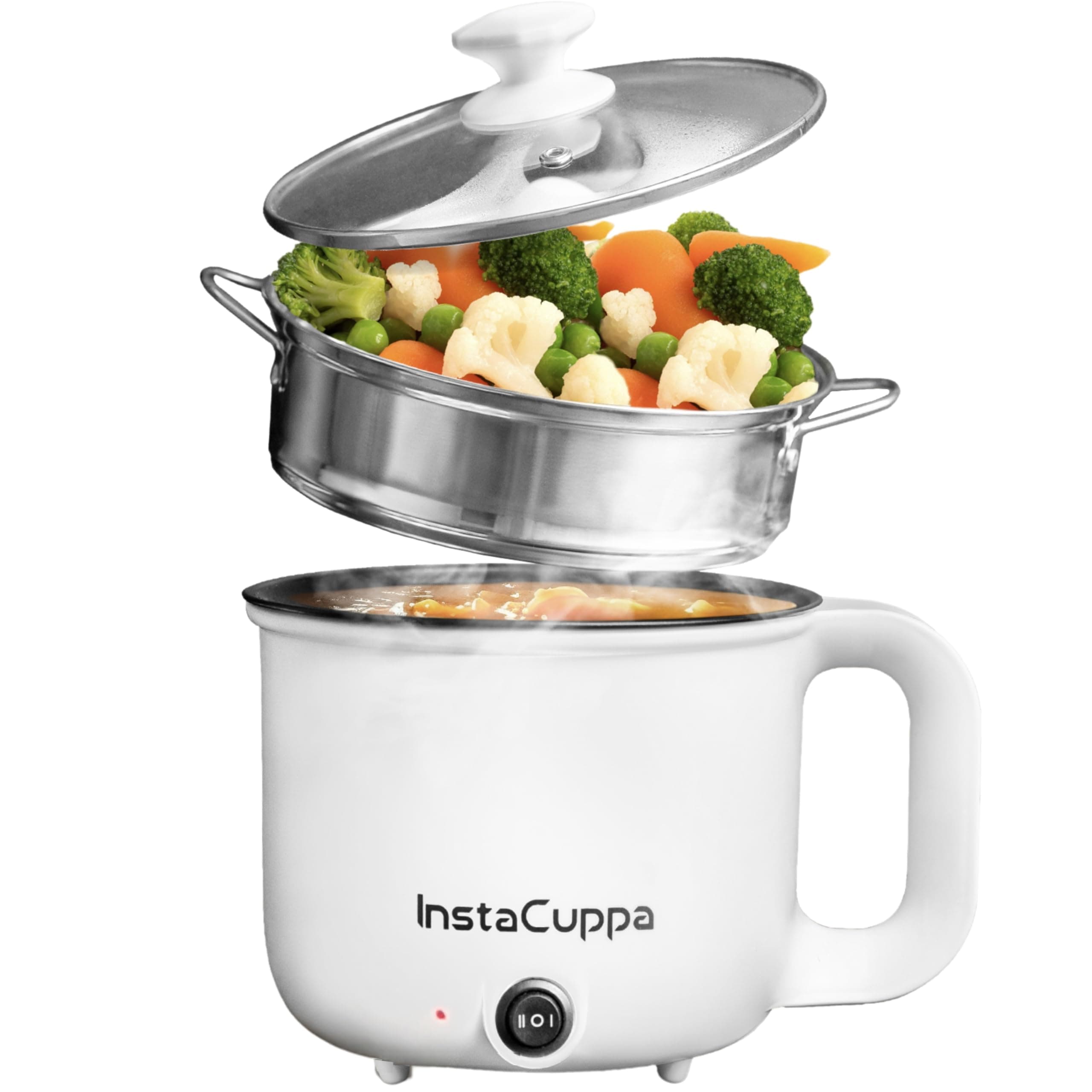 - InstaCuppa 3-in-1 Multi Cook Kettle with Steamer, 1.2 L Inner Pot, Adjustable Temperature Settings, Wide Mouth, Ideal for Boiling Milk, Tea, Coffee, Eggs & Steaming Veggies, 600 Watts, Elegant White
