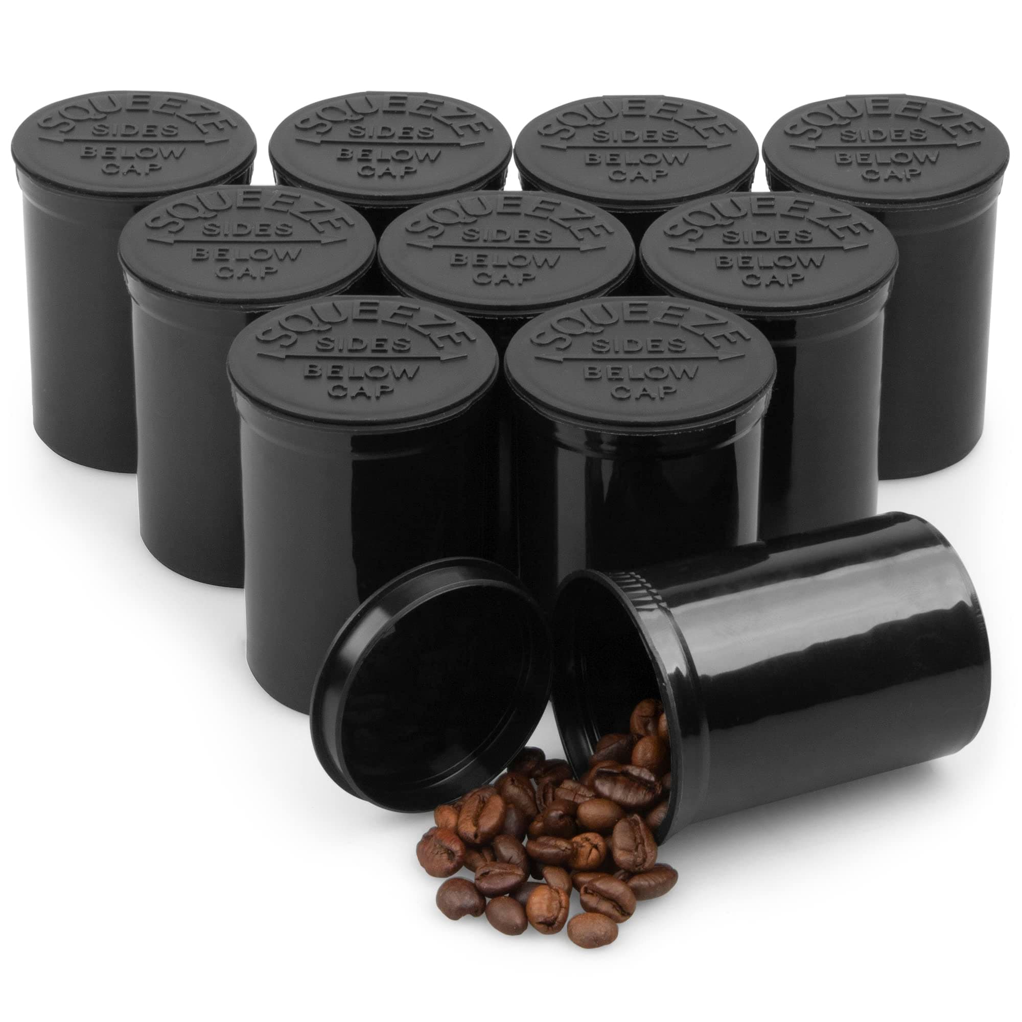 Top Class Ventures Airtight Storage Jar Containers with Lids and Labels - Black 30 Dram Pop Top Pill Bottles - 10 Pack Cannisters Jars - Keeps Contents Fresh and Reduces Odors for Coffee, Herbs, Candy