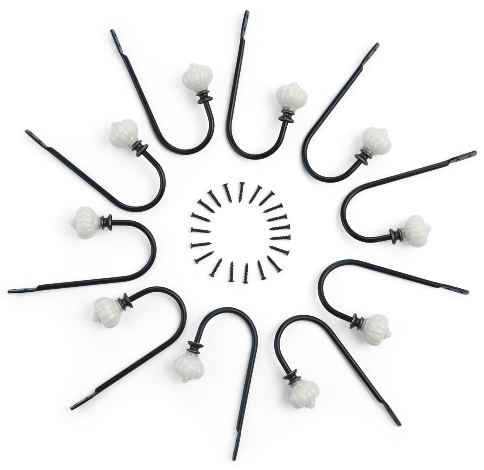 10pc Black Iron Hook Set with Elegant Jewel - Add A Touch of Class to Your Beautifully Furnished Home - Equipped with 20 17mm Screws for A Strong, Sturdy Hold