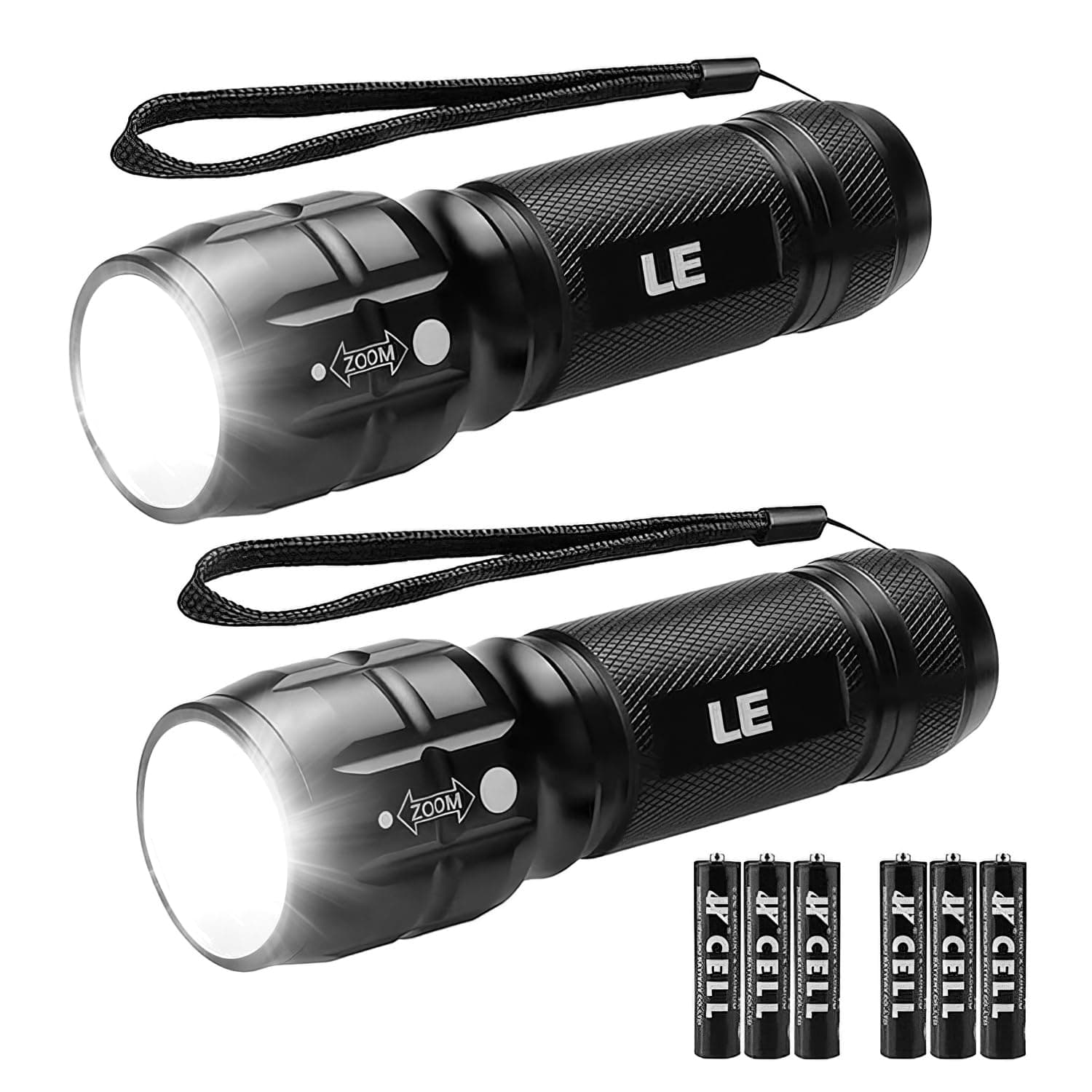 Lighting EVER LE LED Torch Battery Powered (Included), 2 Pack Anti-Slip Aluminium Body - Adjustable Focus - IPX4 Waterproof - Small for Camping, Dog Walking, Power Cut, Car and Emergency