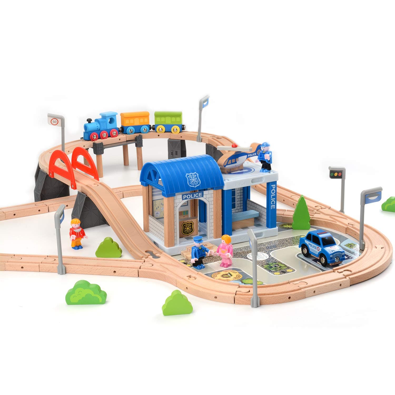 Wooden Train Track Sets Fits Thomas Brio Play Train Set with Bridge Battery Operated Play Set Police Office Deluxe Accessories Railway for Kids Toddlers 90pcs