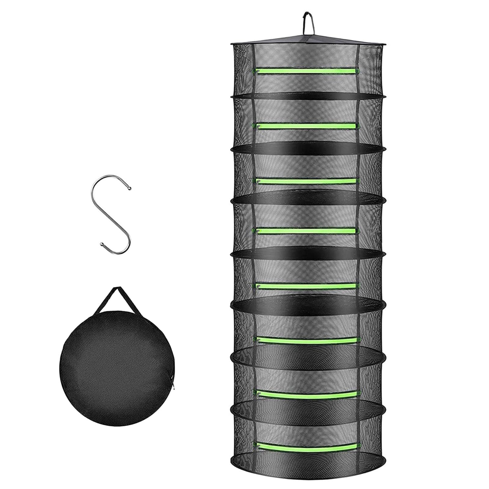 2ft Herb Drying Rack Net Mesh with Green Zippers Hydroponics,Bonus Hook Drying Rack Herbs for Plant Bud Seed, Mesh Hanging Plant Dry,Herb Dry Net for Garden (8 Layer, Zipper Style)