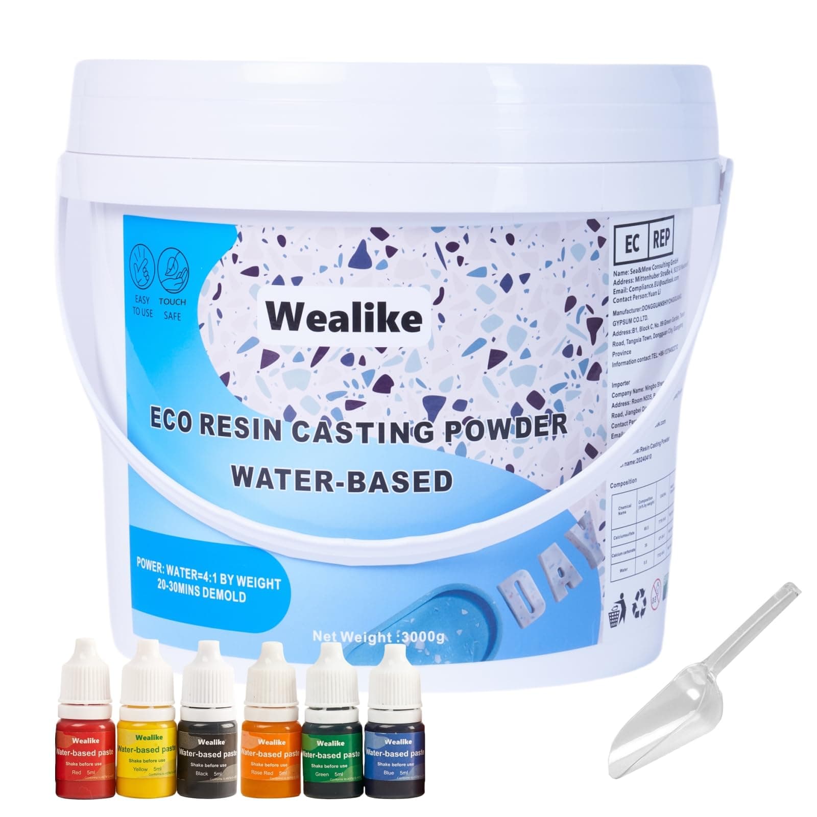Eco Resin Casting Powder 6.6lbs/3000G,Water-Based Ceramic Resin Plaster with 6PCS Pigments,20-30 Minutes Demold.Easy Mix for Home Decor &DIY Art