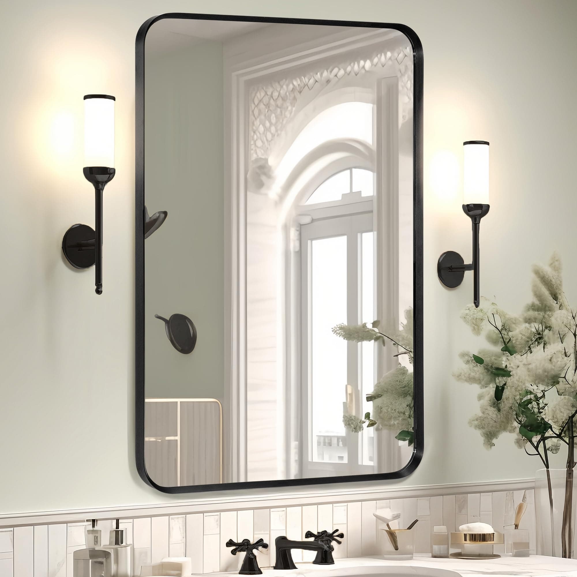 Wall Mount Mirror for Bathroom, Brushed Black Metal Framed Rounded Corner Rectangular Vanity Mirror (24" x 36", Black)