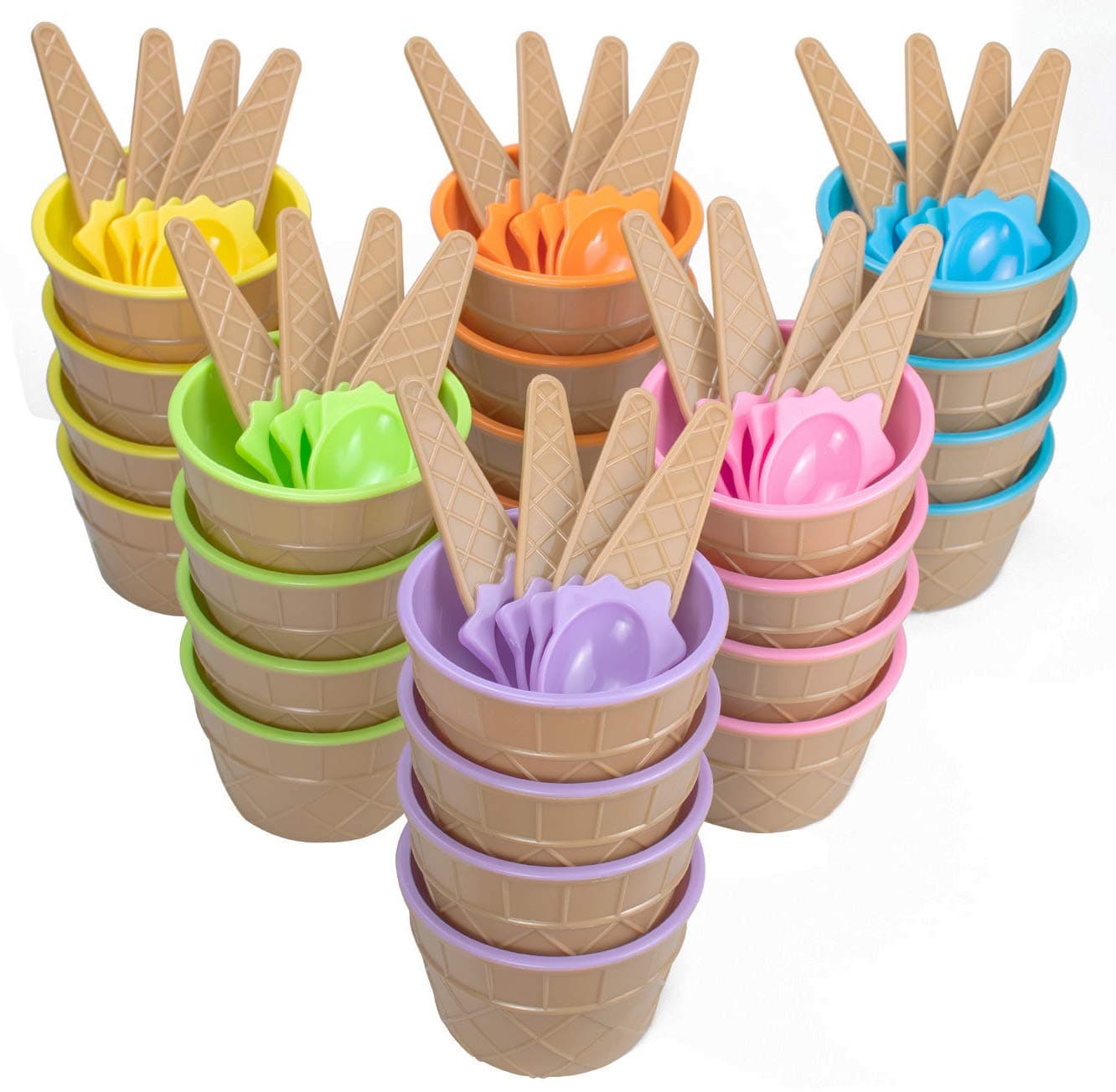 Lawei 24 Pack Plastic Ice Cream Cups with Spoons, Reusable Plastic ice cream bowls, Cartoon Candy Color Cute Ice Cream Dessert Bowls Set for Sundae Frozen Yogurt Summer Holiday Parties, 6 Colors