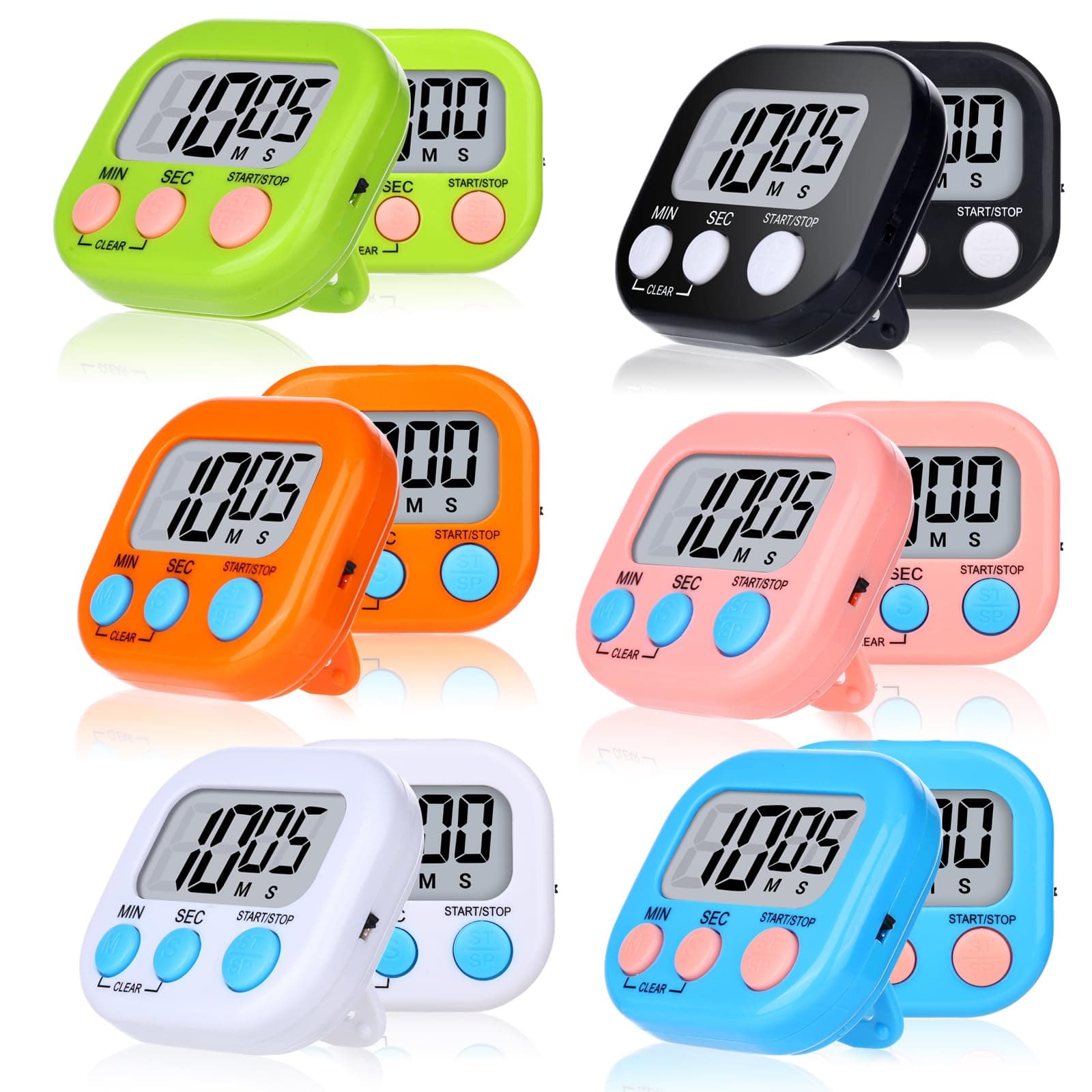 Mwellewm Digital Kitchen Timer 12 Packs Magnetic Classroom Stopwatch Timer 6 Colors Small Digital Countdown Timers for Cooking Mini Loud Alarm Stop for Kitchen Study Work Sports Games Office Clock