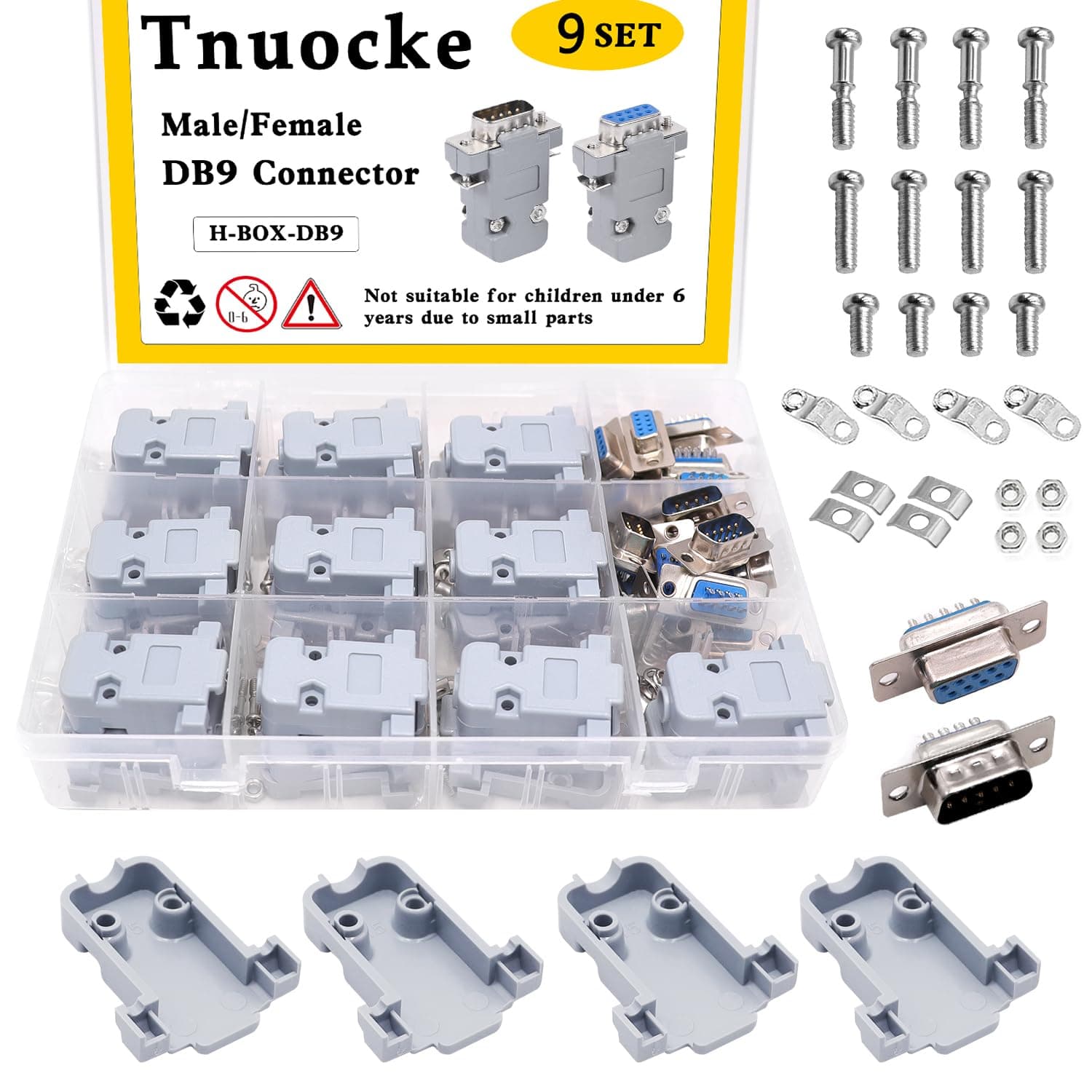 18Pack DB9 Connector Adapter Kit, 9 Pin D-SUB Male/Female Solder Cup Connectors, Tin Plated Housing, Lightweight Gray Plastic Hoods, Individually Bagged
