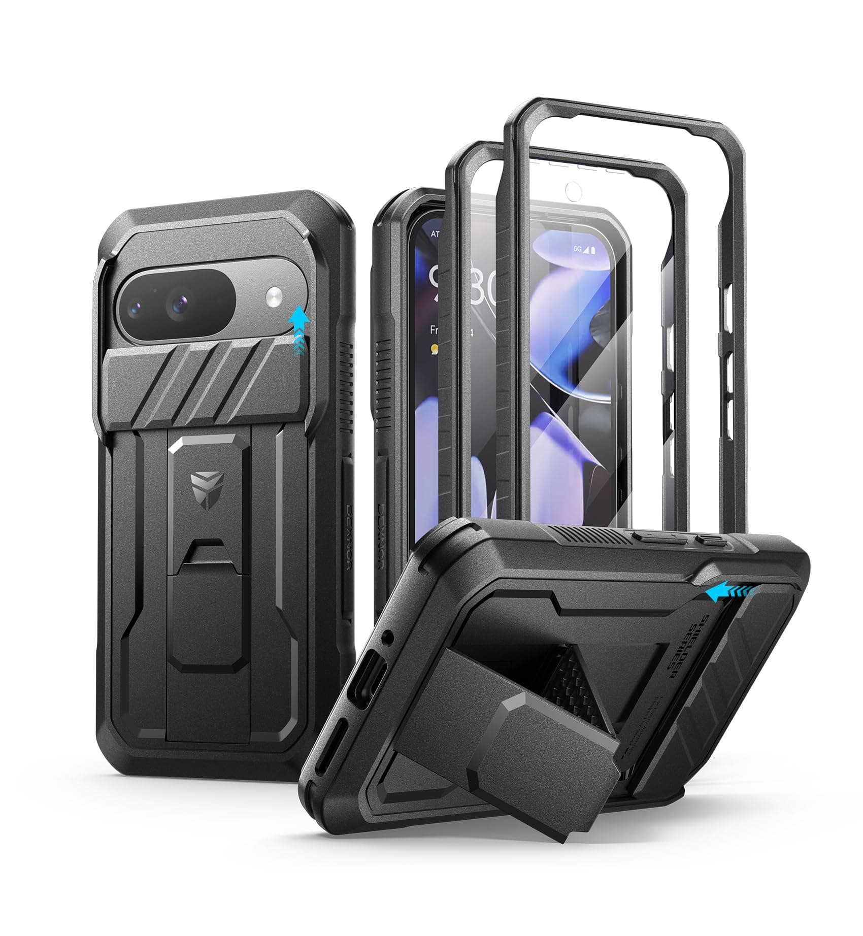 for Google Pixel 9 Case with Built-in Slide Camera Cover & Screen Protector & Kickstand, Heavy-Duty Shockproof Rugged Case Full-Body Bumper Protective Cover - Black