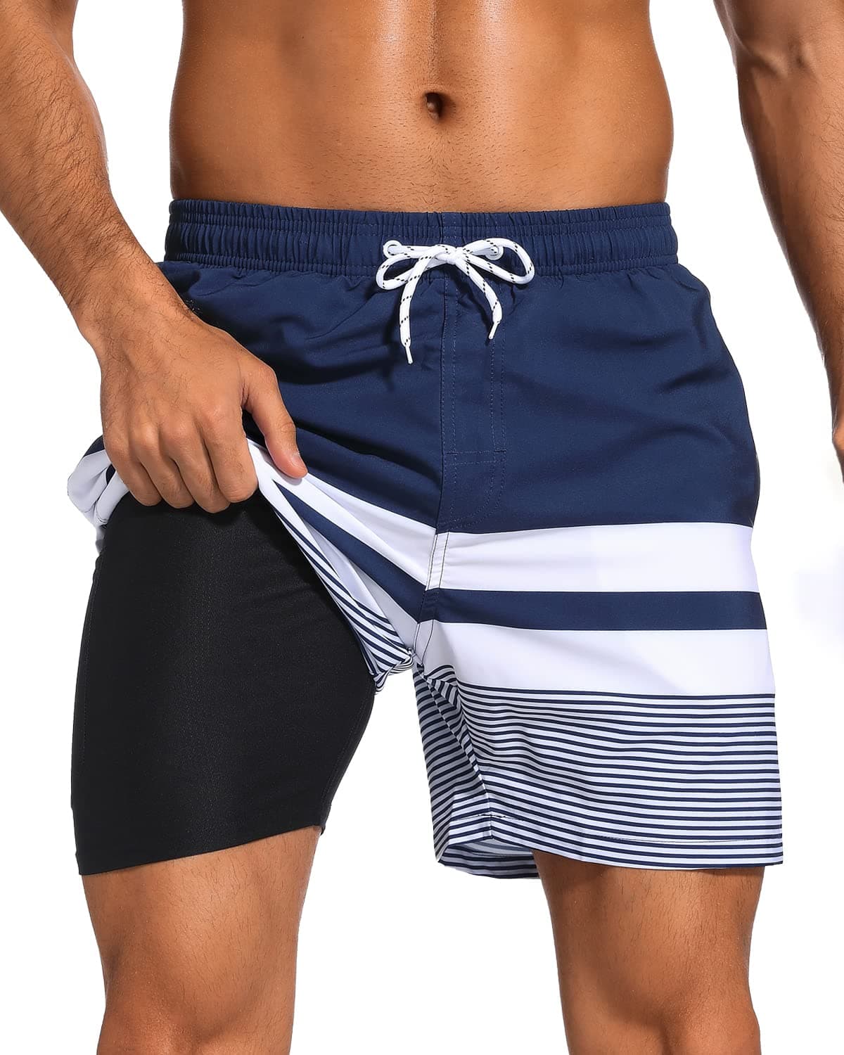 Mens Swim Trunks with Compression Liner 2 in 1 Quick Dry Bathing Suit Beach Shorts with Zipper Pockets