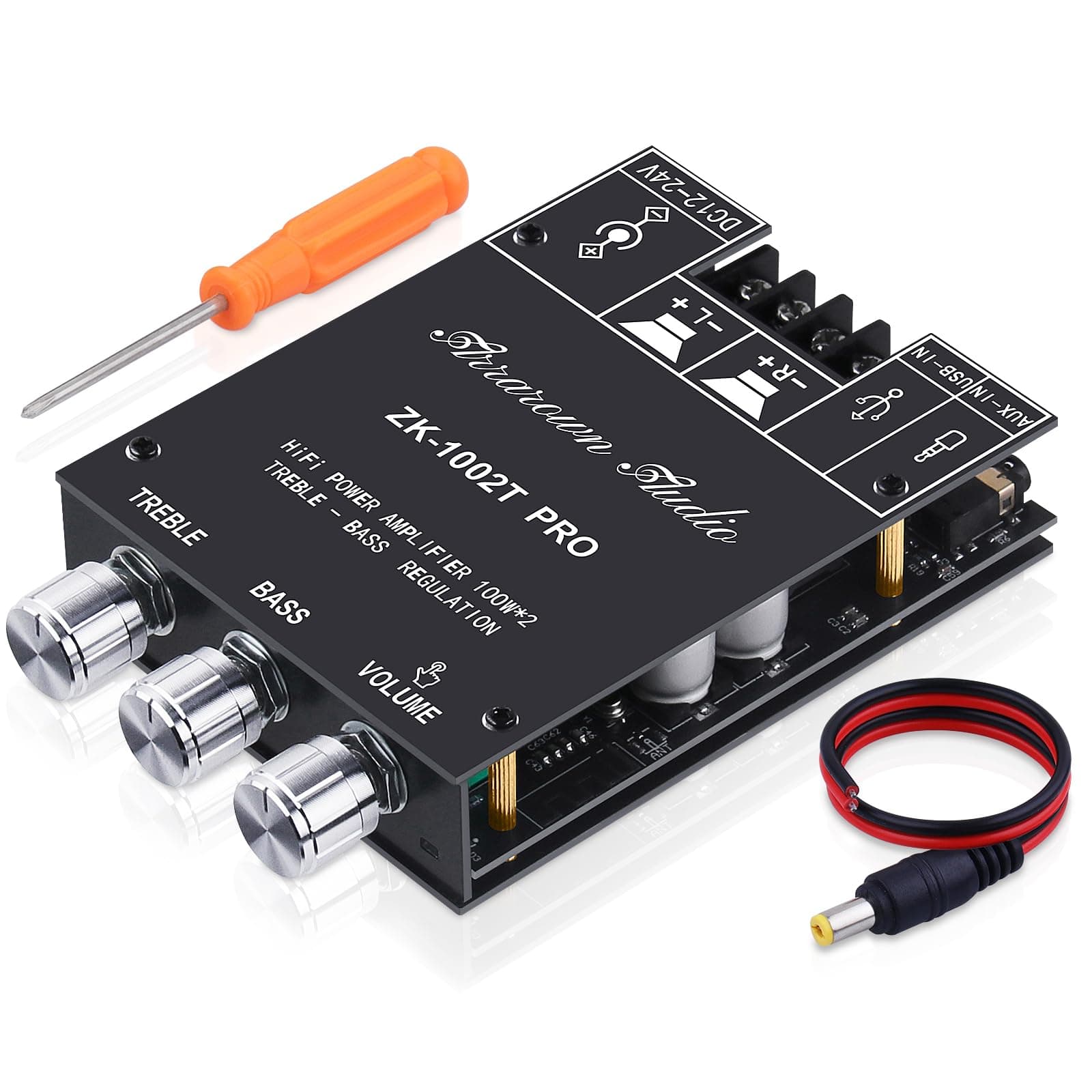 ZK-1002T PRO 2.0 Channel Bluetooth 5.0 Amplifier Board 200W HiFi Subwoofer Audio AMP with Treble and Bass, BT USB and AUX Inputs, DC 12-24V 2.0 Channel Stereo AMP Module for DIY Speakers