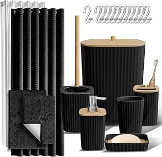 Clara Clark Bathroom Accessories Set - Bathroom Accessory Set with Shower Curtain Set, Toilet Brush, Trash Can & Soap Dispenser & Rugs (Black, Complete Set + Bath Rugs)