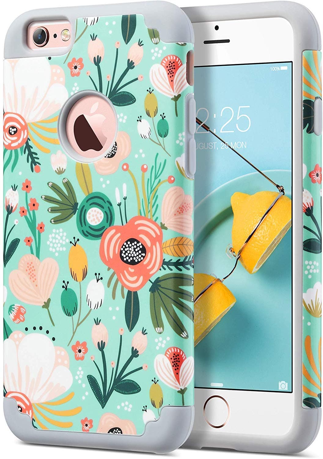 ULAK iPhone 6S Case, iPhone 6 Case, Slim Fit Dual Layer Soft Silicone & Hard Back Cover Bumper Protective Shock-Absorption & Skid-Proof Anti-Scratch Case for Apple iPhone 6 / 6S 4.7 inch, Mint Floral