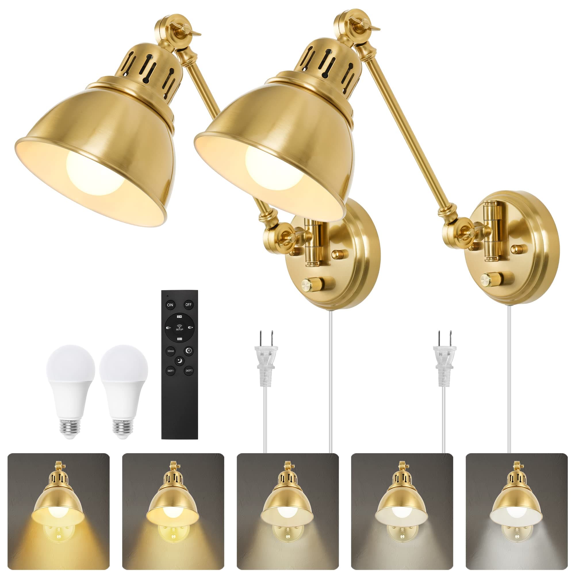 Plug in Wall Sconces Set of Two with Remote, Stepless Colors 2700K-6500K & Stepless Dimming, Premium Golden Finish, Plug in Wall Light with Night Light & Timer, LED Bulbs Included