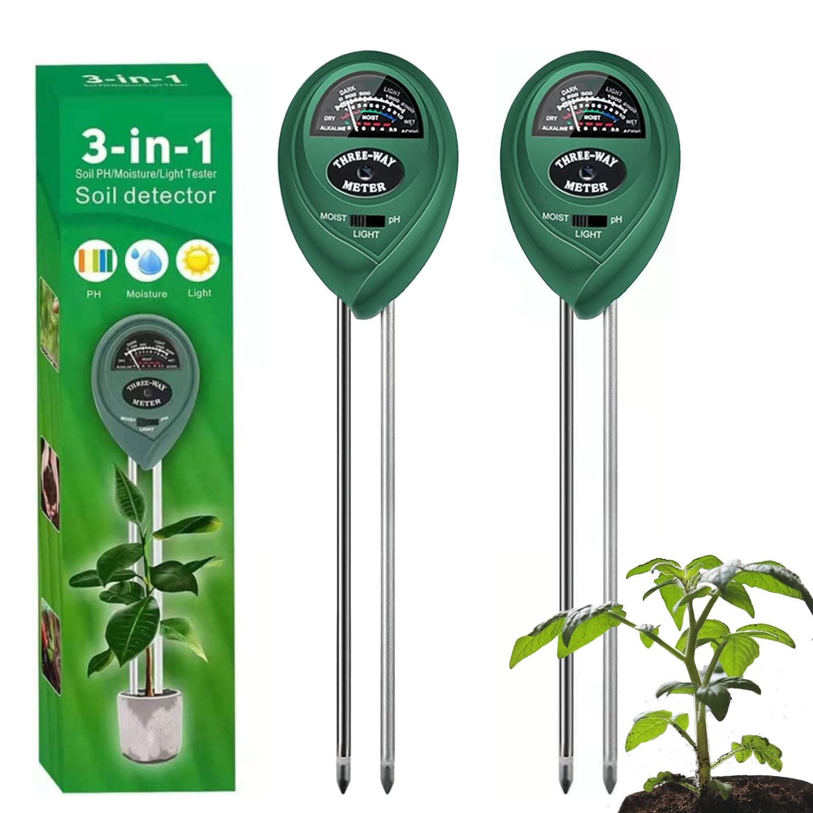 2 Pack Soil Tester, 3-in-1 Plant Moisture Meter Light and PH Tester Garden Lawn Farm, Indoor and Outdoor Use, Soil Test Kit Acidity Water