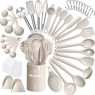 Silicone Kitchen Cooking Utensils Set, 43 Pcs Heat Resistant Khaki Cooking Utensils Set, Turner, Tongs, Spoon, Spatula, Kitchen Gadgets Tools Set for Nonstick Cookware(Dishwasher, BPA Free)