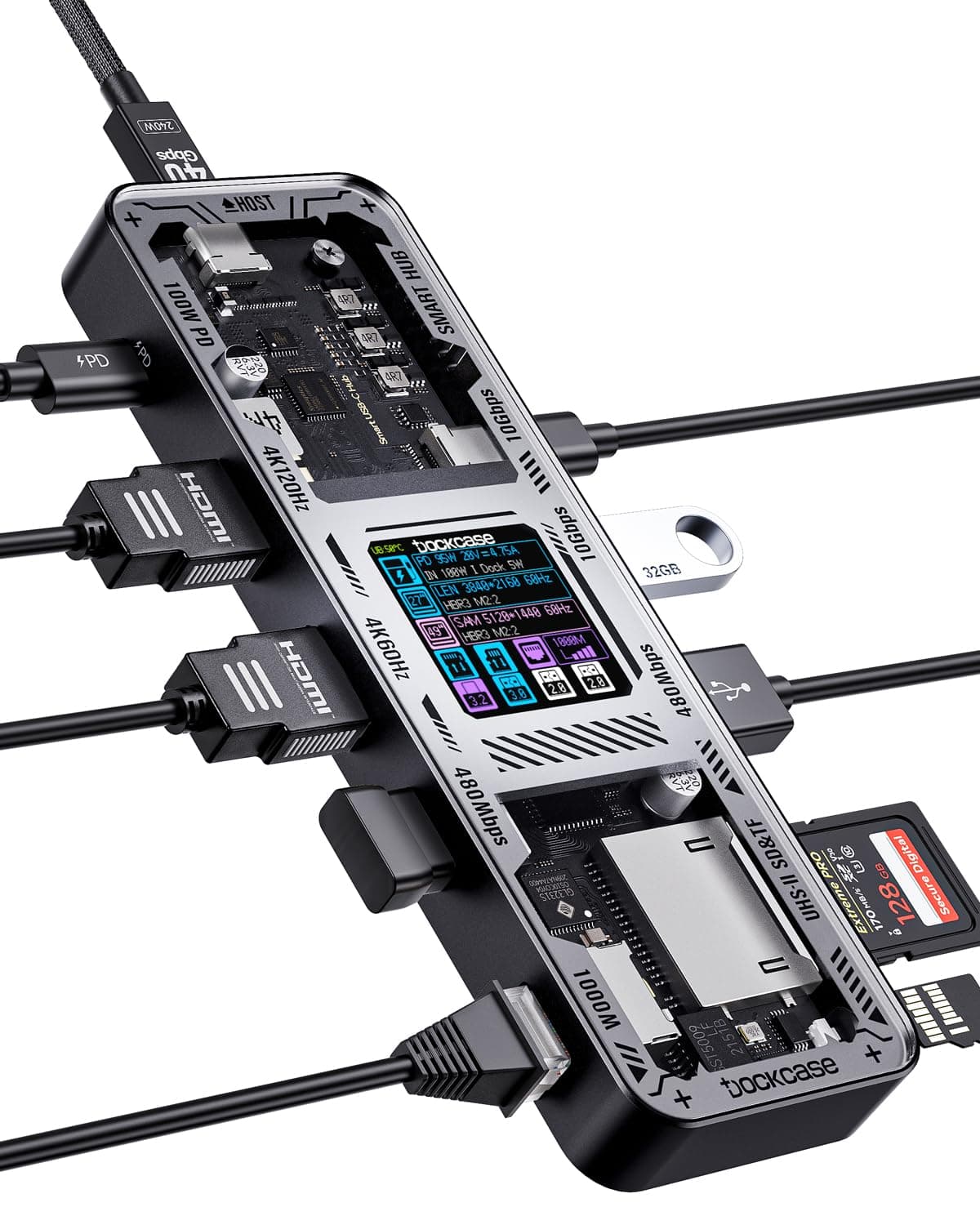 DOCKCASE Explorer Edition 10-in-1 USB C Hub, Dual 4K HDMI Docking Station for 2 Monitor, Gigabit Ethernet,1 USB-C and 3 USB-A Ports,100w PD, UHS-II TF/SD Card Reader for MacBook Pro, XPS, and More