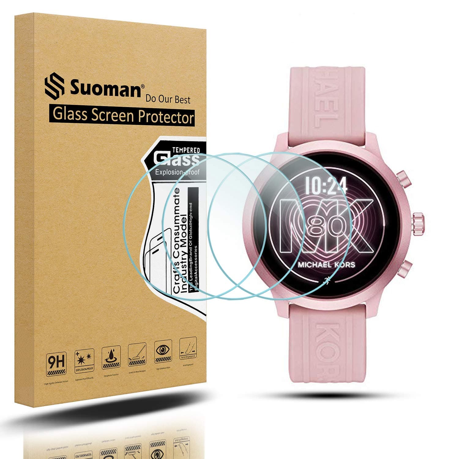 Suoman 3-Pack for Michael Kors Access MKGO Screen Protector Tempered Glass, 2.5D 9H Hardness Screen Protector for Michael Kors Gen 4 MKGO Smartwatch