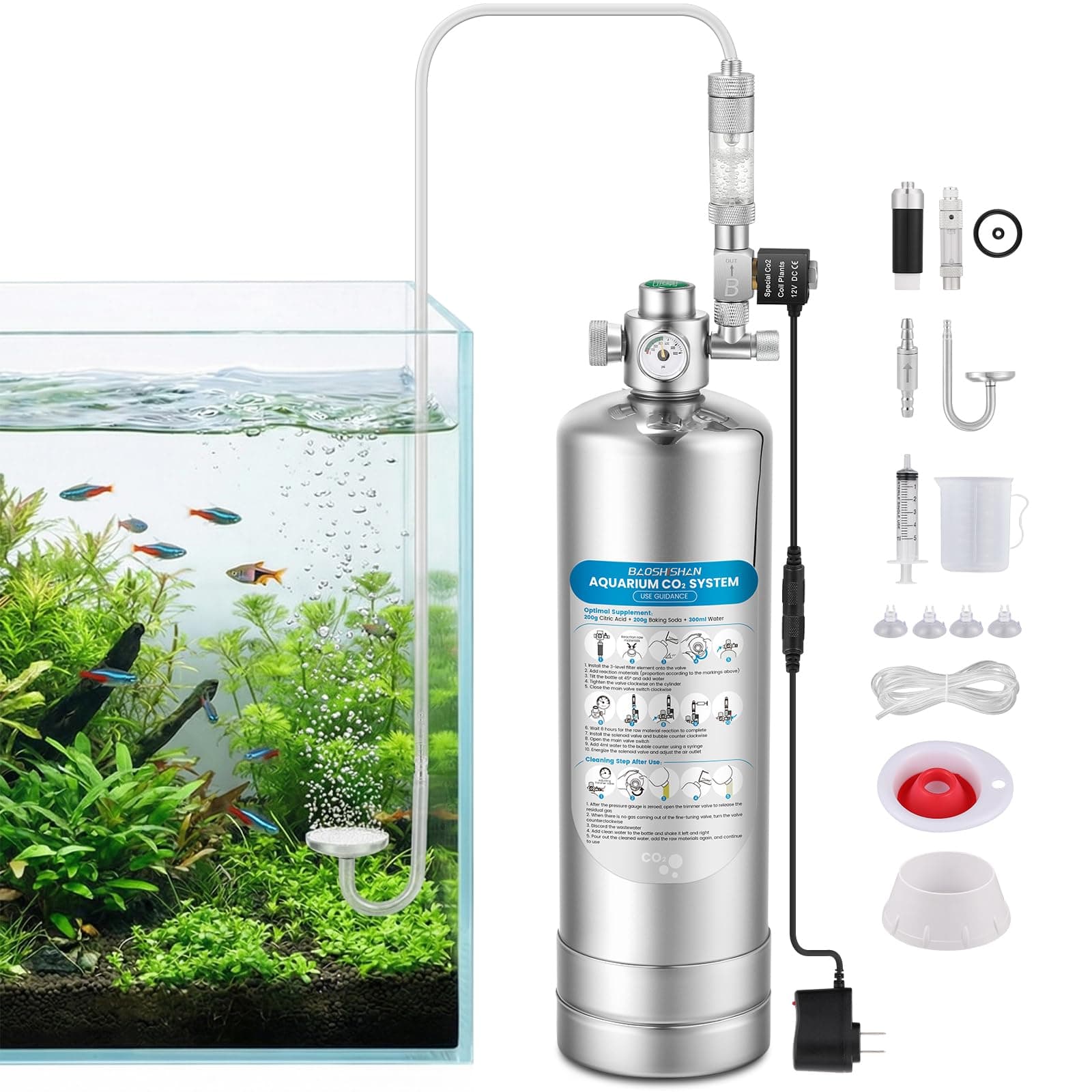 BAOSHISHAN 2L Aquarium Co2 System with Precision Regulator, External Thread Co2 Generator System with Dual Safety Valves & Solenoid, Complete Set for Aquarium Plant