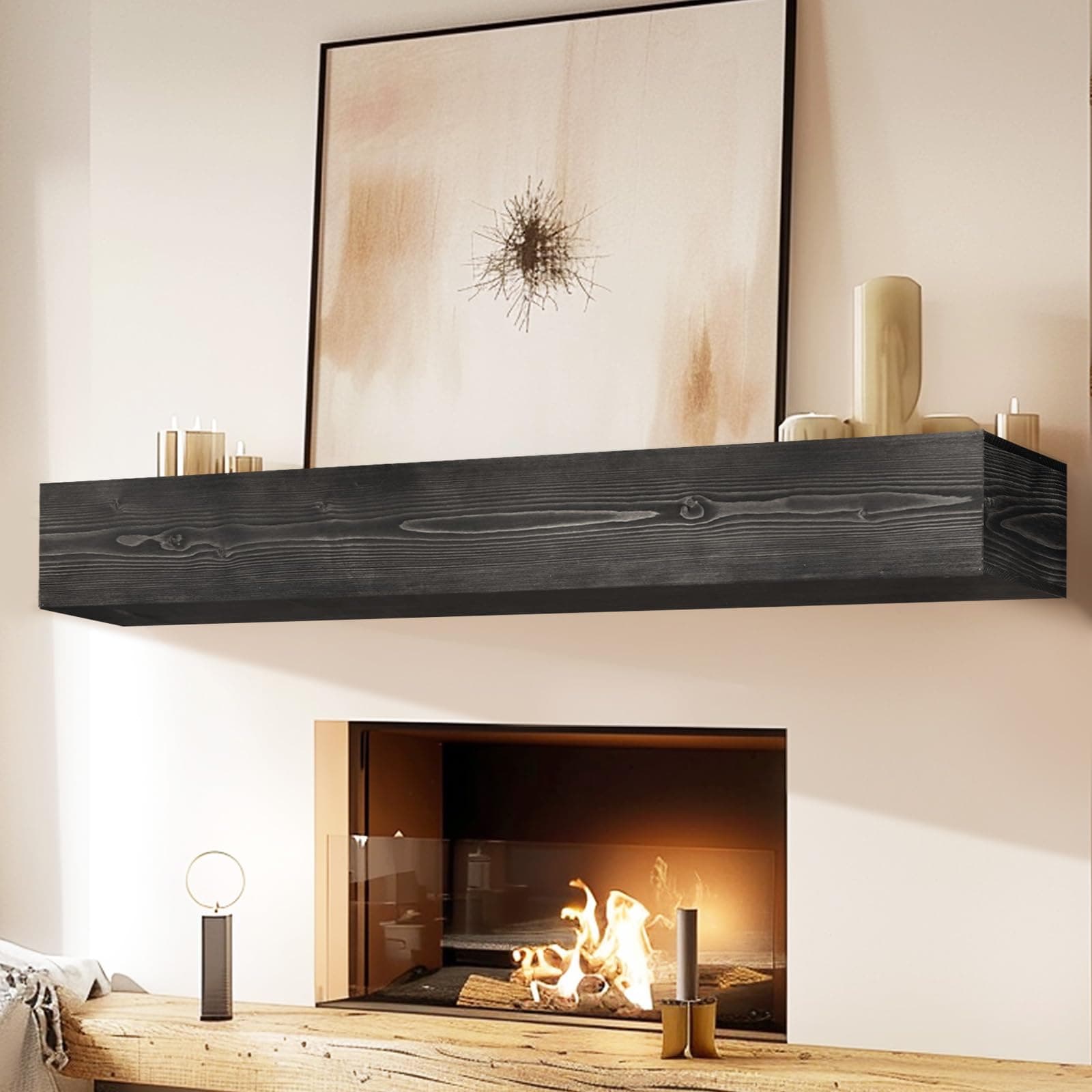 Fireplace Mantel Handmade, 6'' Thick Wall Decor Long Floating Shelf, 60inch Rustic Wood Shelf with Invisible Brackets, Black