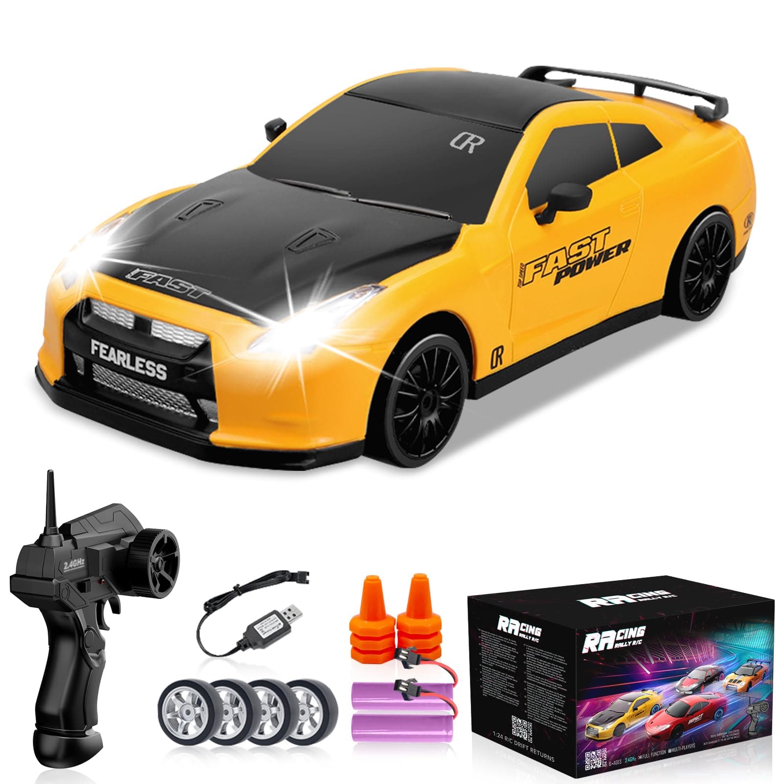 RC Drift Car 1/24 2.4GHz 4WD Remote Control Car, High Speed Drifting RC Cars with LED Lights, 2 Rechargeable Batteries and Drift Tires Racing Toy Cars for Kids (Yellow)