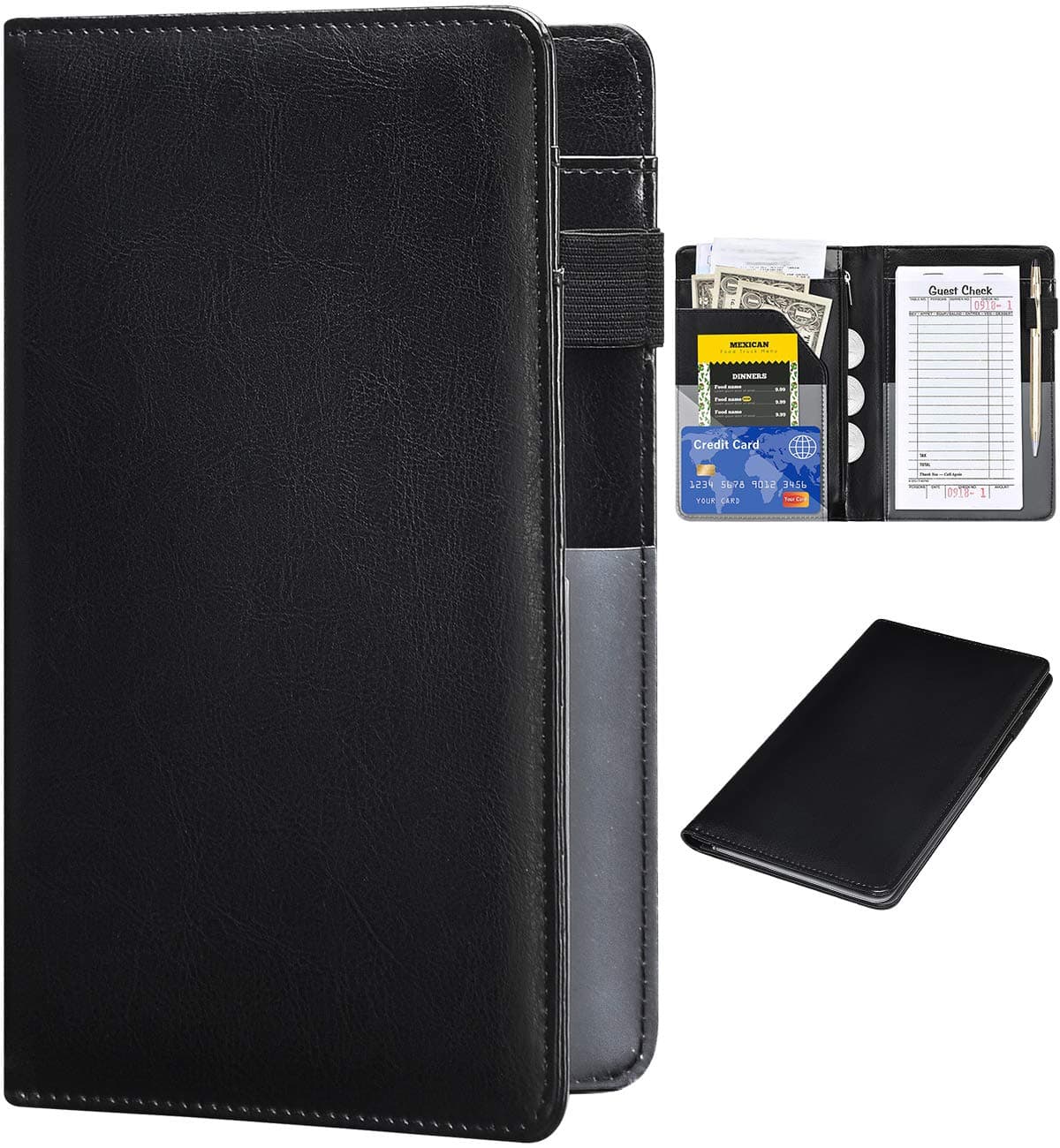 HerriaT Server Books for Waitress - Glitter Leather Waiter Book Server Wallet with Zipper Pocket, Cute Waitress Book&Waitstaff Organizer with Money Pocket Fit Server Apron One_Size R64 black R64