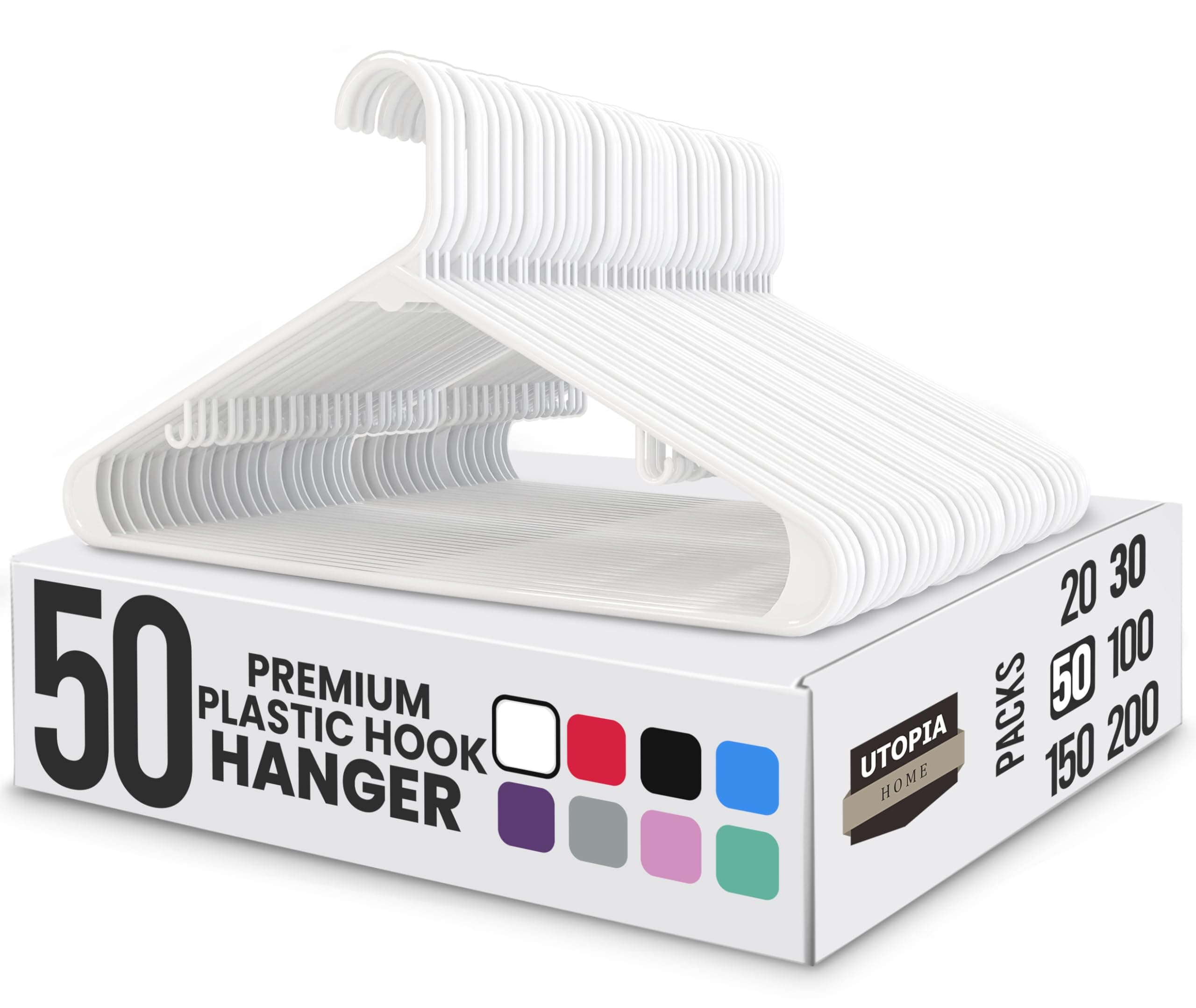 Utopia Home Plastic Hangers 50 Pack - Space Saving Clothes Hanger - Durable & Strong Closet Organizers and Storage with Built-in Strap Hooks - Essential for Shirts, Pants, Skirts & Coats (White)