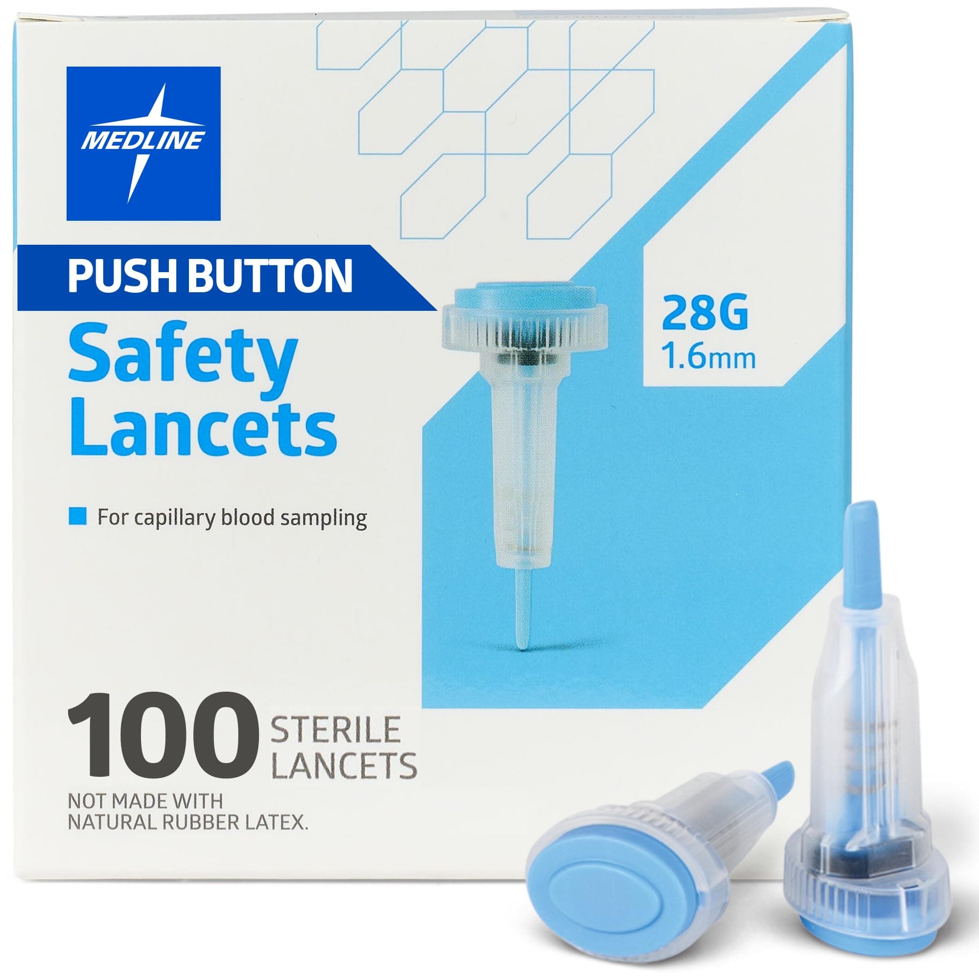 Medline Sterile Safety Lancets, Push-Button Activation, Blood Glucose Testing, Controlled Penetration, 28G x 1.6 mm, 100 Count