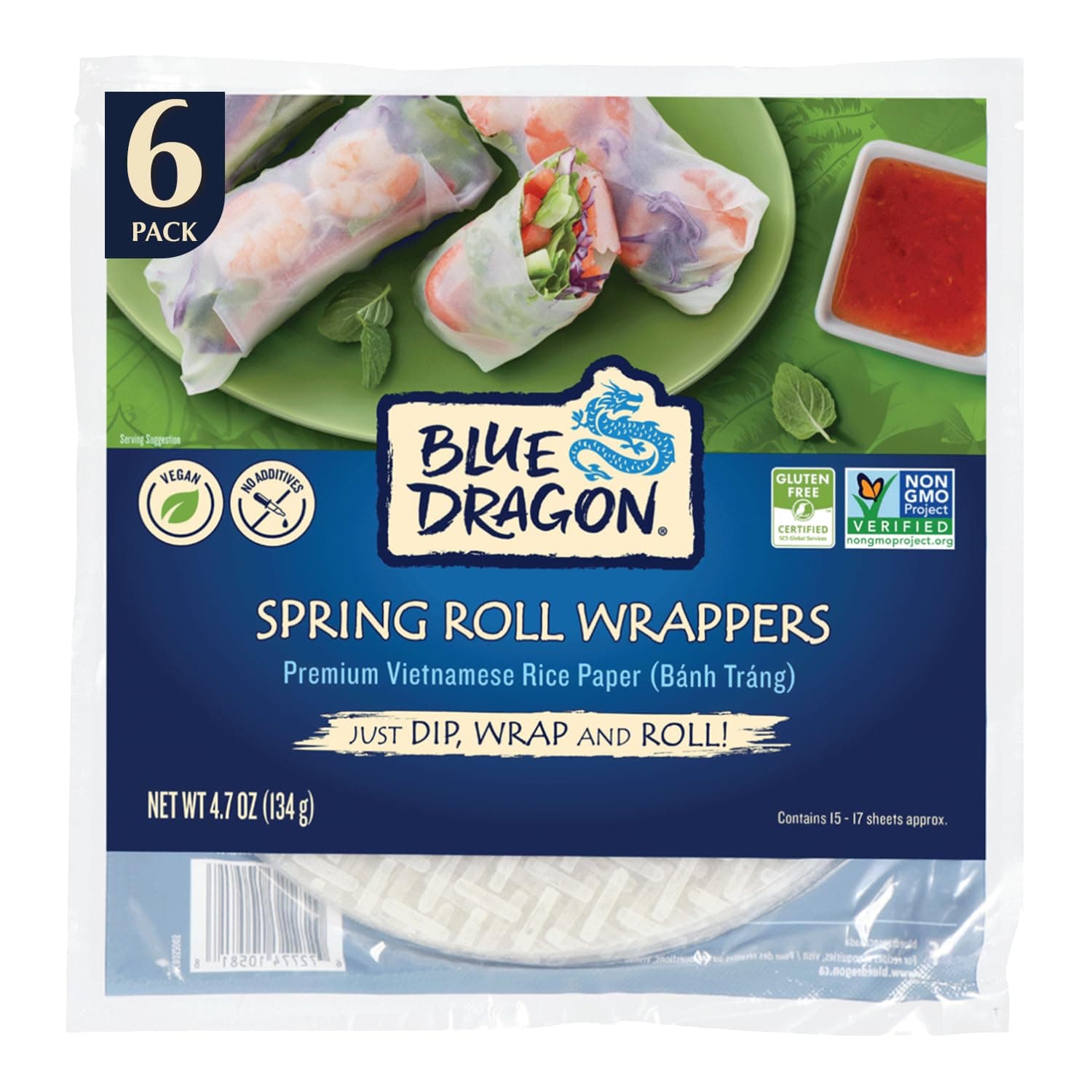 Spring Roll Wrappers - 4.7oz (Pack of 6) - Vietnamese Rice Paper Sheets - No Added Colors, Flavors Or Preservatives - Vegan, Gluten Free, Non-GMO - Ideal For Fresh Or Fried Spring Rolls
