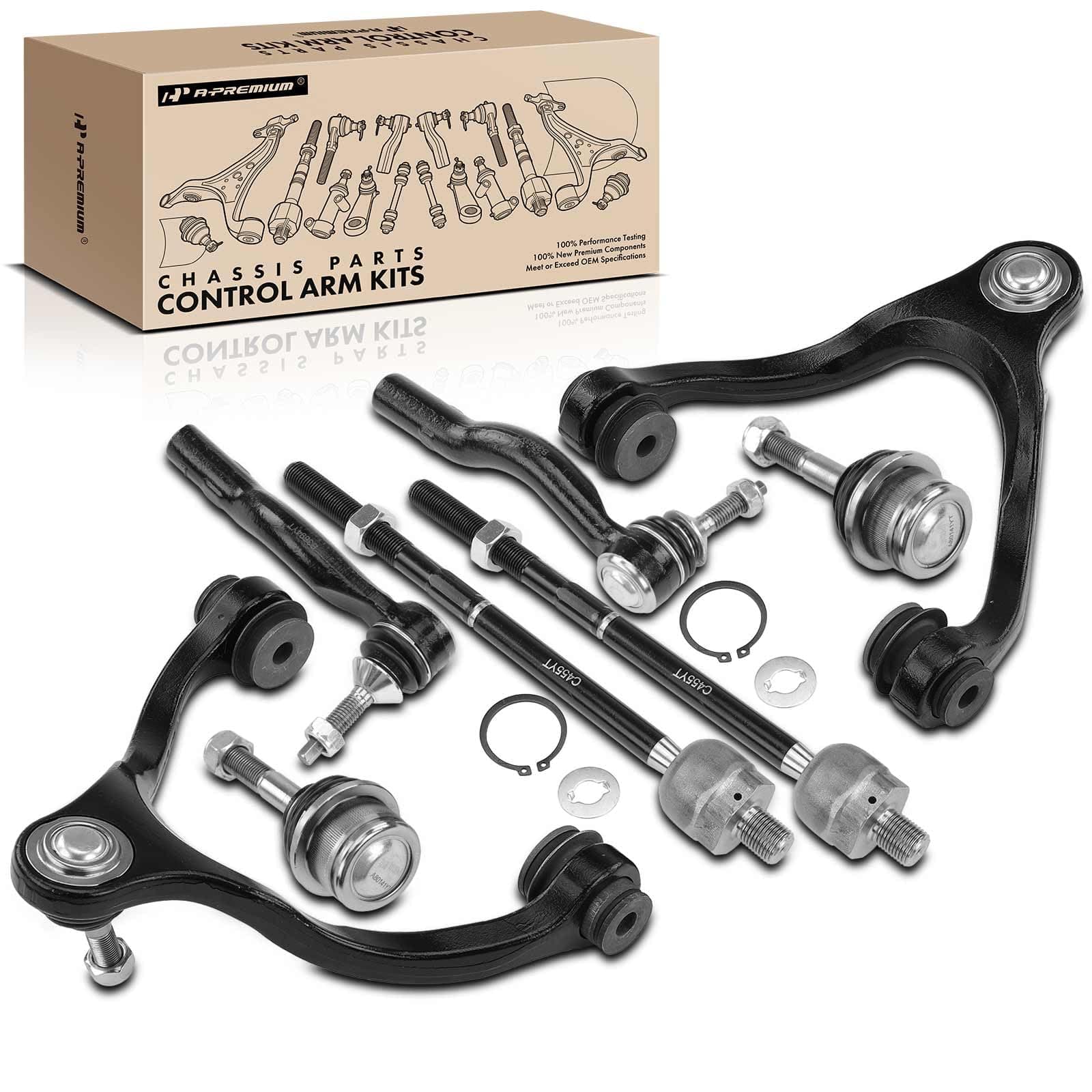 A-PremiumSet of 8, Front Upper Control Arm, Lower Ball Joint, Inner Outer Tie Rod End, Compatible with Ford Crown Victoria 03-11, Lincoln Town Car 03-11, Mercury Grand Marquis 03-11, Marauder 03-04