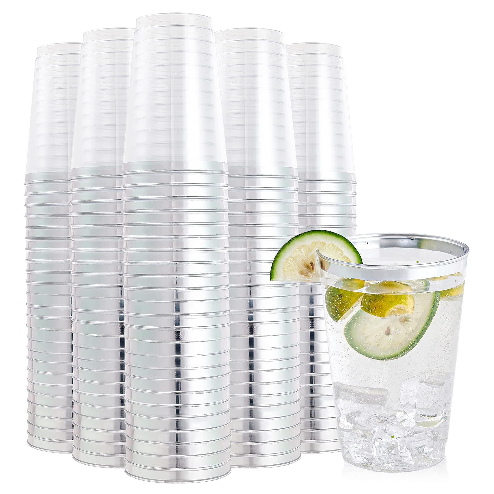 FOCUSLINE 200 Pack 12 oz Silver Rimmed Plastic Cups, Clear Plastic Cup 12 Ounce Tumblers, Heavy-duty & Fancy Disposable Cups with Silver Rim for Wedding Cups Elegant Party
