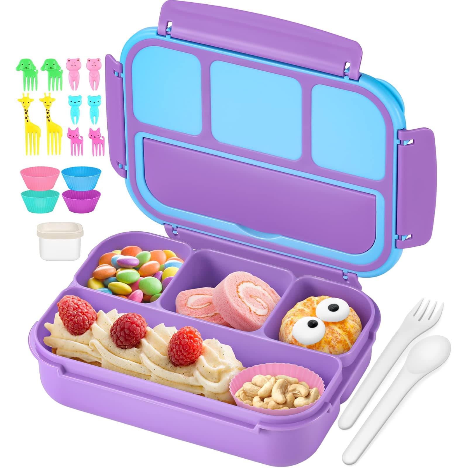 QQKO Bento Lunch Box for Kids Girls Boys Toddler Kids Lunch Box School Adult Lunch Container 4 Compartments Sauce Container Cookware Food Pick Muffin Cup Purple