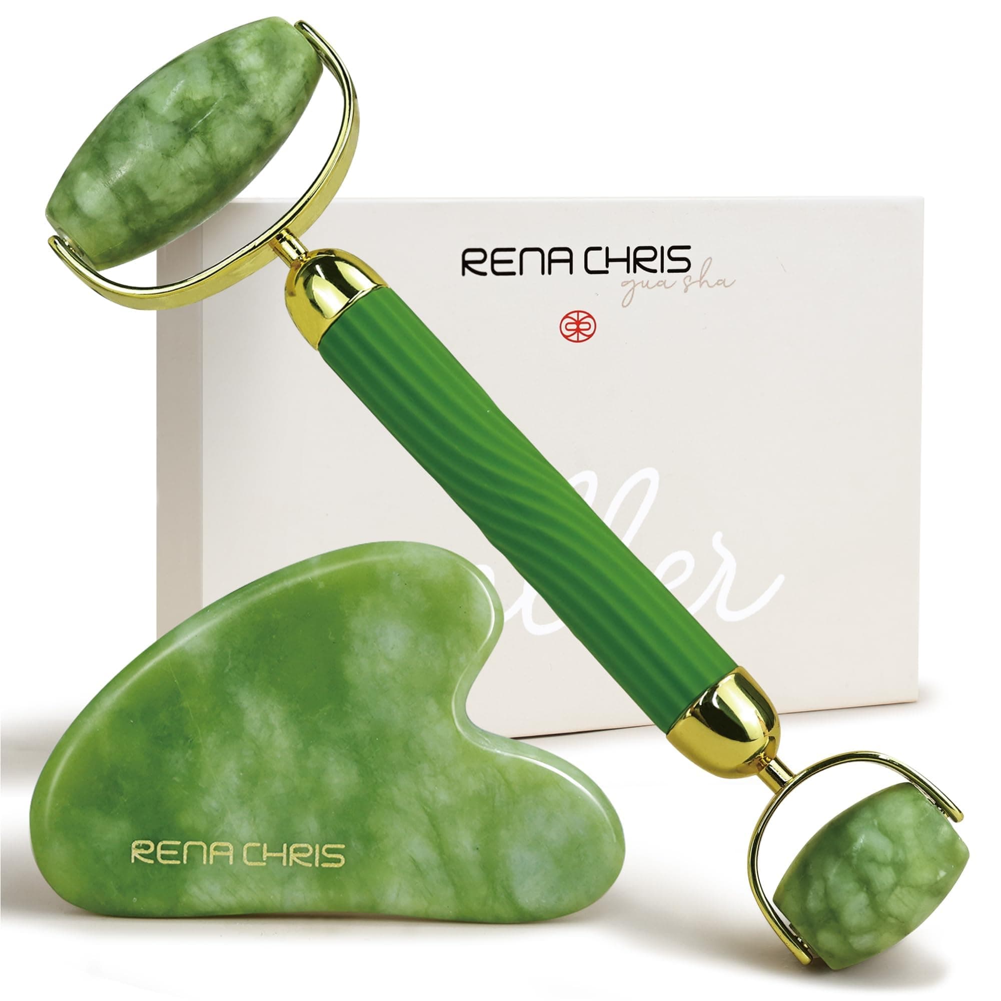 Gua Sha and Face Roller Set: Anti-Breakage Jade Roller for Long-Lasting Use, Jawline Sculpting and Puffiness Reducing, Gua Sha Facial Tools for Self Care Gift (Green)