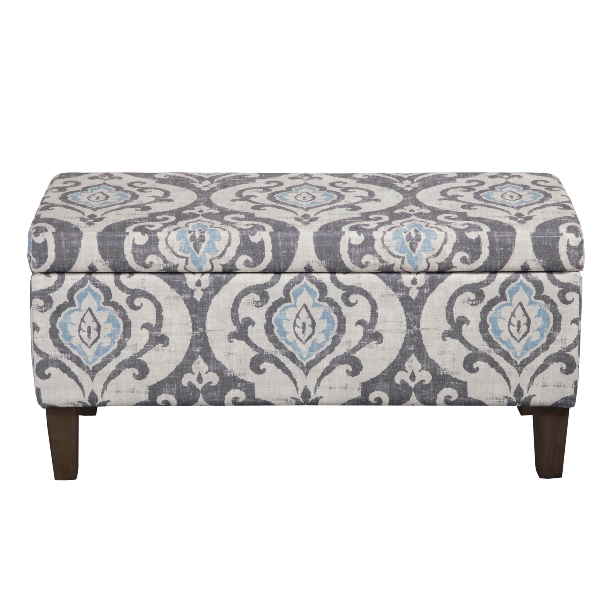 Large Upholstered Rectangular Storage Ottoman Bench with Hinged Lid, Slate Damask