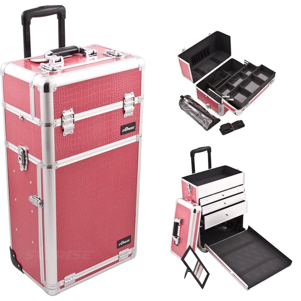 Professional Rolling Trolley Makeup Storage Case, Hot Pink Crocodile