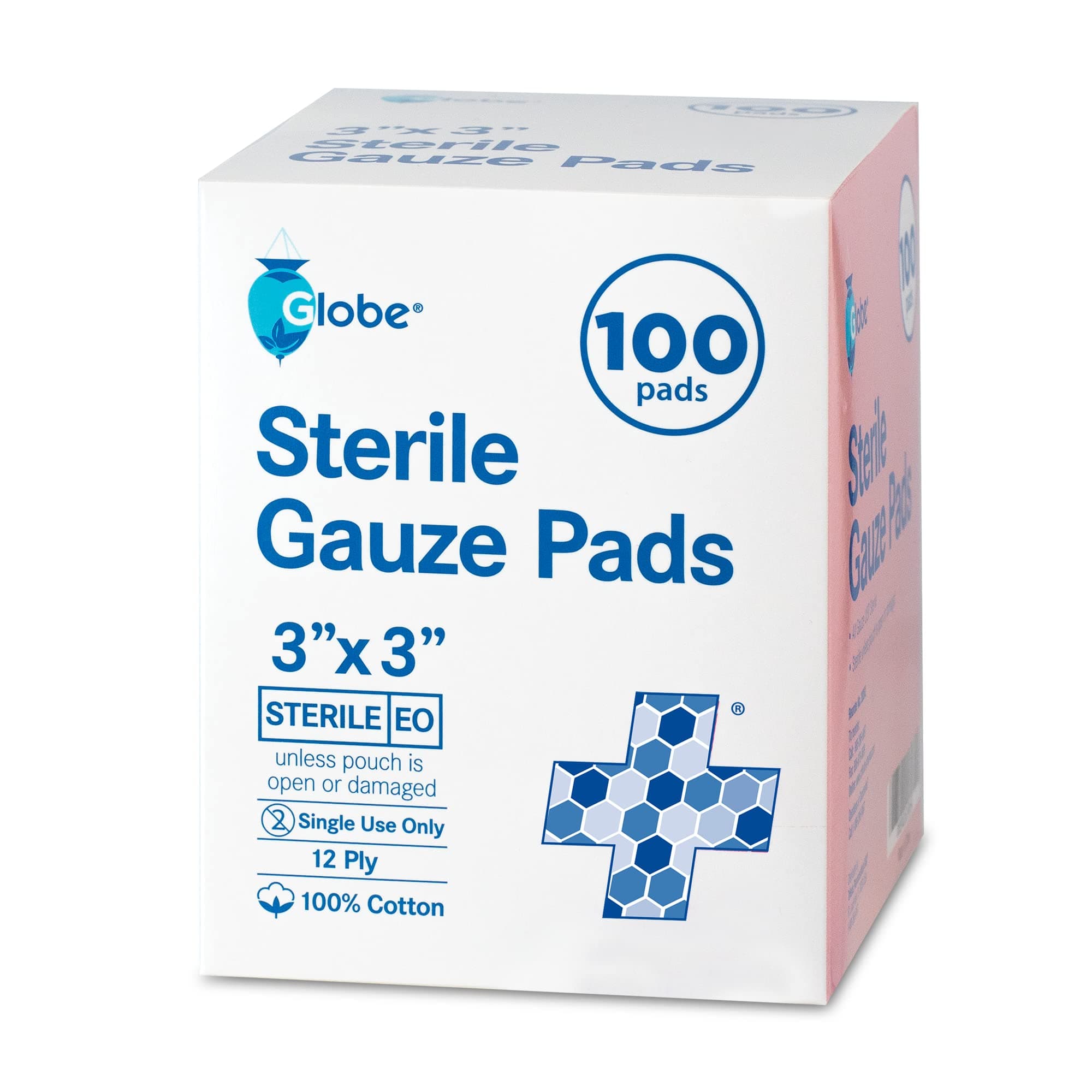 Globe 3'' x 3'' Advanced Sterile Gauze Pads, 100-Pack Individually Packed - 12-Ply Cotton for Wound Care Dressing, Highly Absorbent Bandages for Home & Emergency Use - Travel & First Aid Kit Essential
