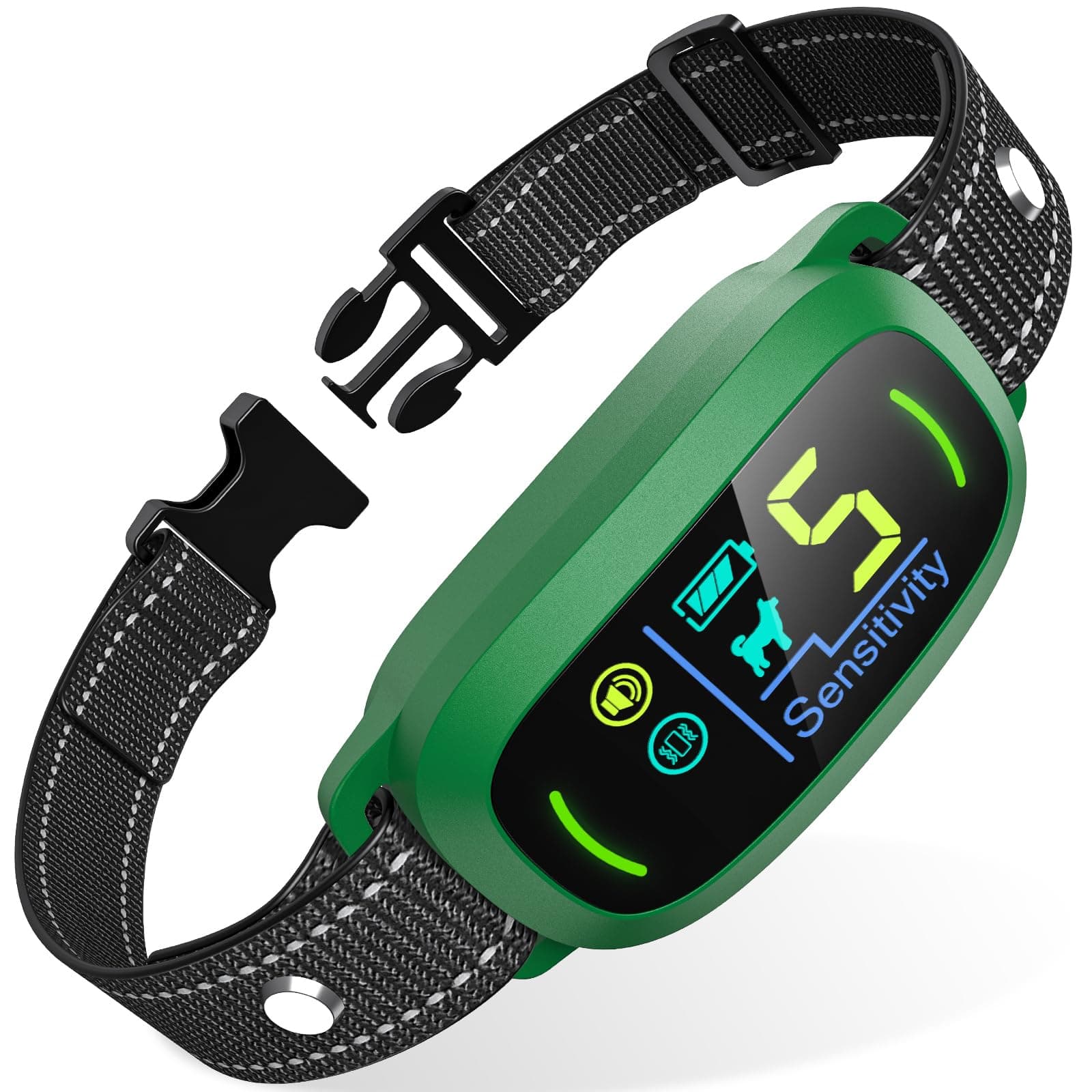 Bark Collar, Rechargeable Dog Bark Collar with 5 Adjustable Sensitivity and Intensity Beep Vibration, Anti Barking Collar for Small Medium Large Breed Dogs (Green)