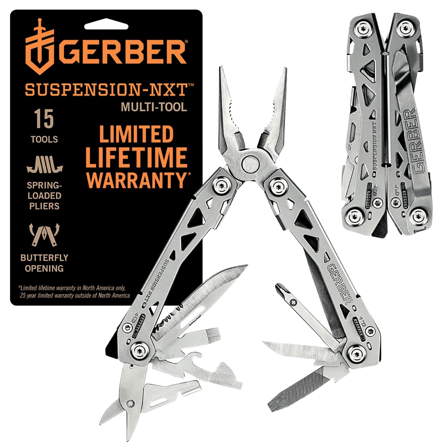 Gear Suspension-NXT 15-in-1 EDC Multi tool with Pocket Knife, Needle Nose Pliers and Wire Stripper Tools, Gifts for Men, Survival and Camping Gear, Stainless Steel