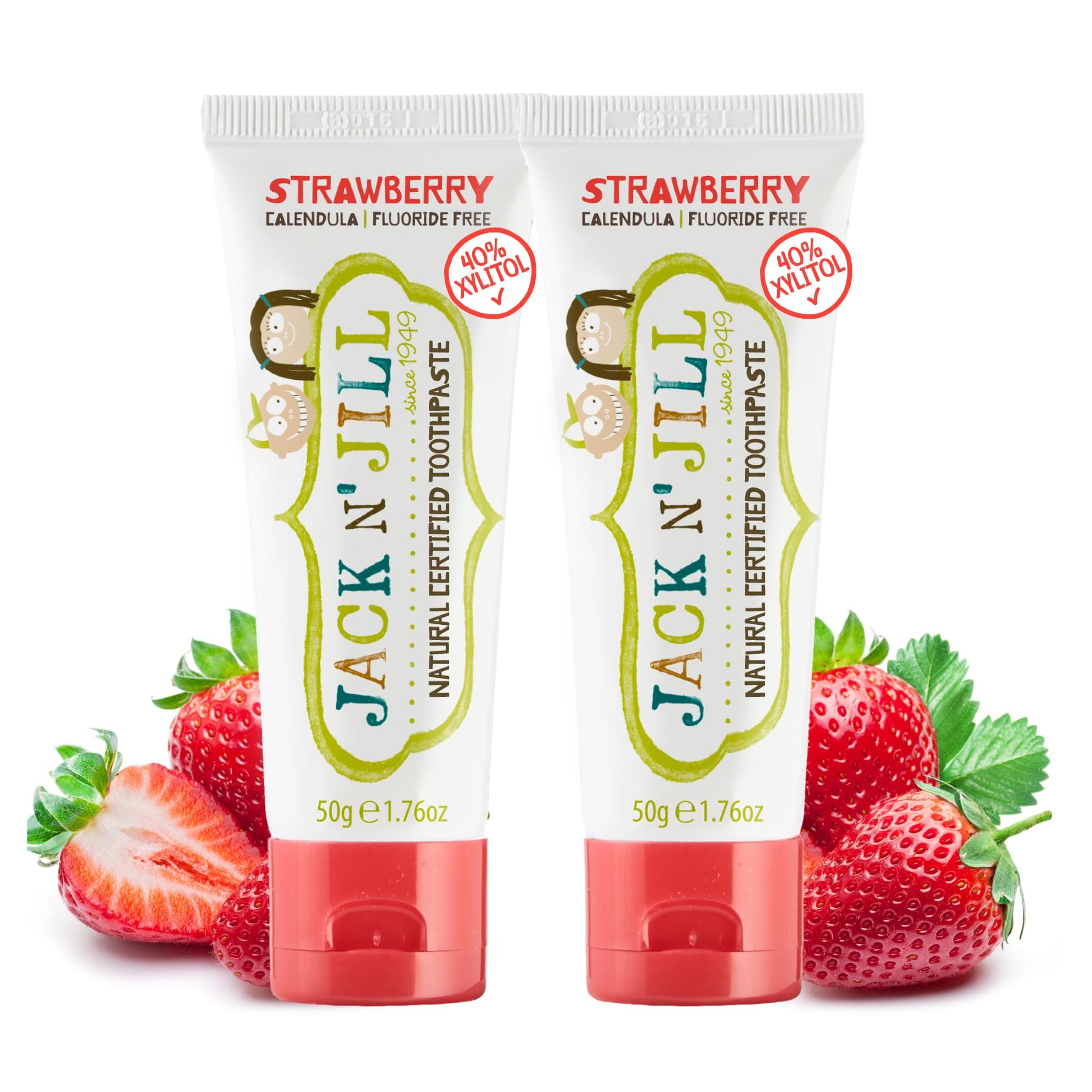 Jack N' Jill Natural Toothpaste for Baby and Infants - Fluoride Free Training Toothpaste, 40% Xylitol, BPA Free - Strawberry, 1.76 oz (Pack of 2)