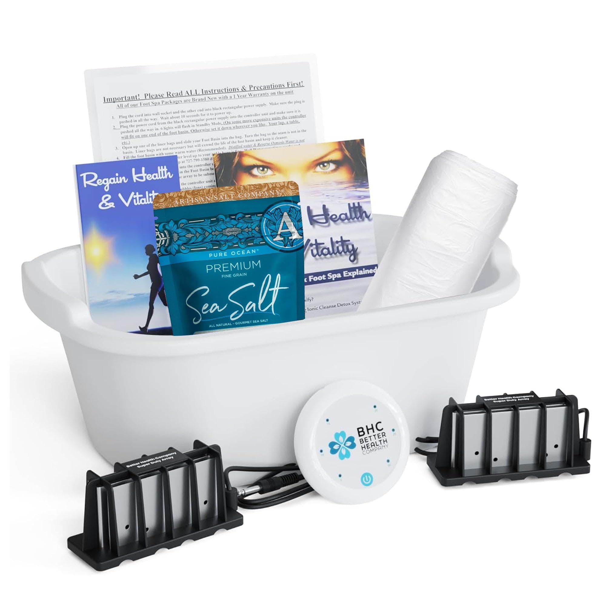- Ionic Foot Bath Detox Machine Super Duty Arrays for Professional & Home Use - Free Regain Health & Vitality Booklet & Brochure - 2 Super Duty Arrays, 20 Basin Liners, Detox Sea Salt, Basin 12QT