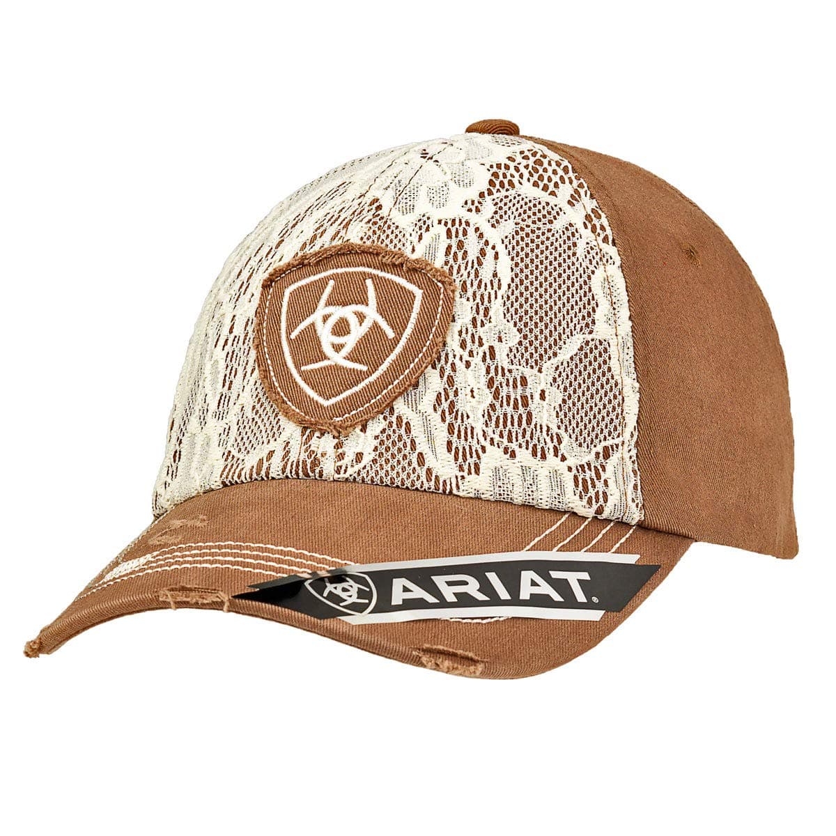 Women's Lace Overlay Cap, Distressed, Shield Logo Patch, Velcro Closure, Brown