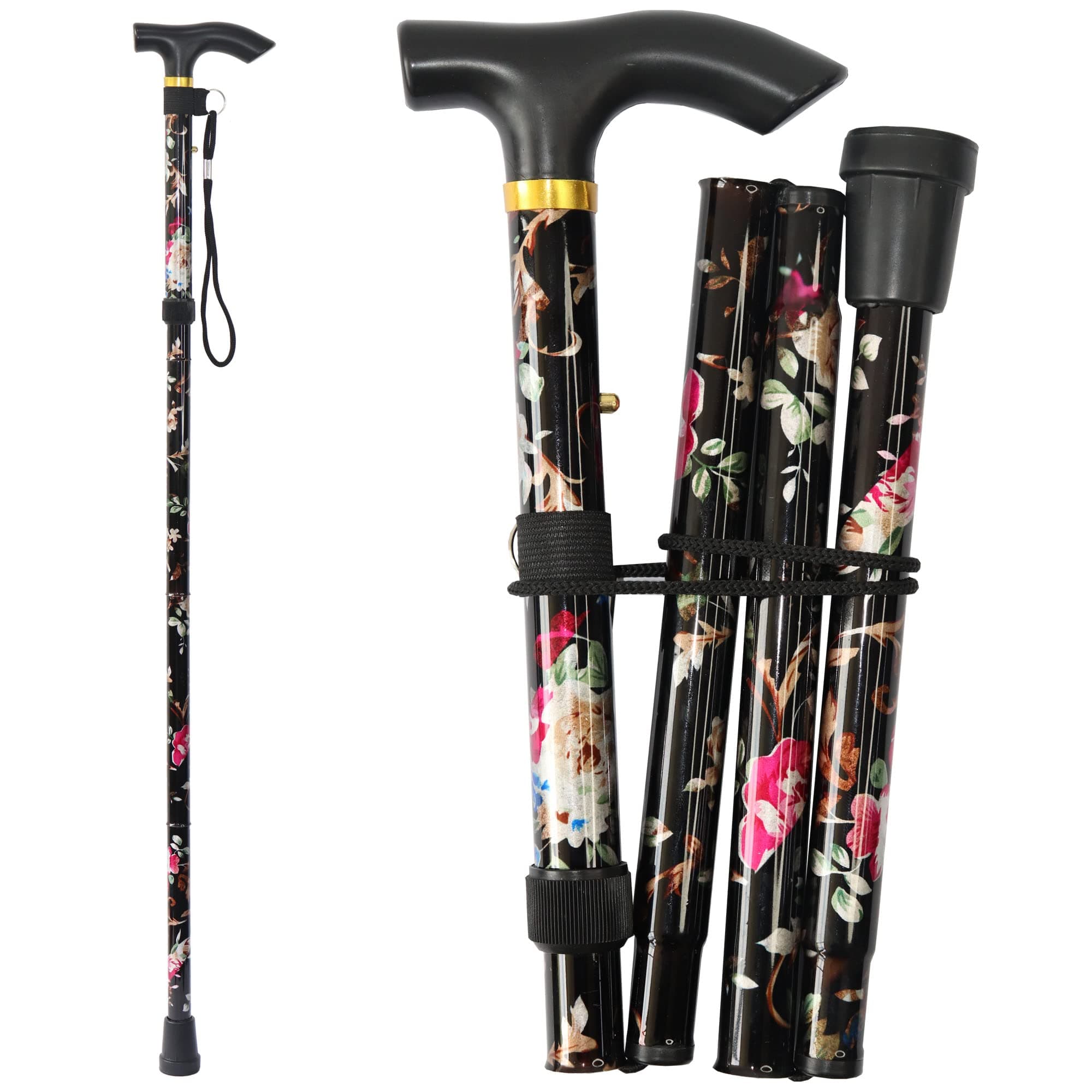 5-Level Foldable Walking Canes, Lightweight, Adjustable and Aluminum Cane for Seniors Adult Men and Women,Portable Walk Stick,Ergonomic Wheeled Handle, New Floral Pattern (Floral Black)