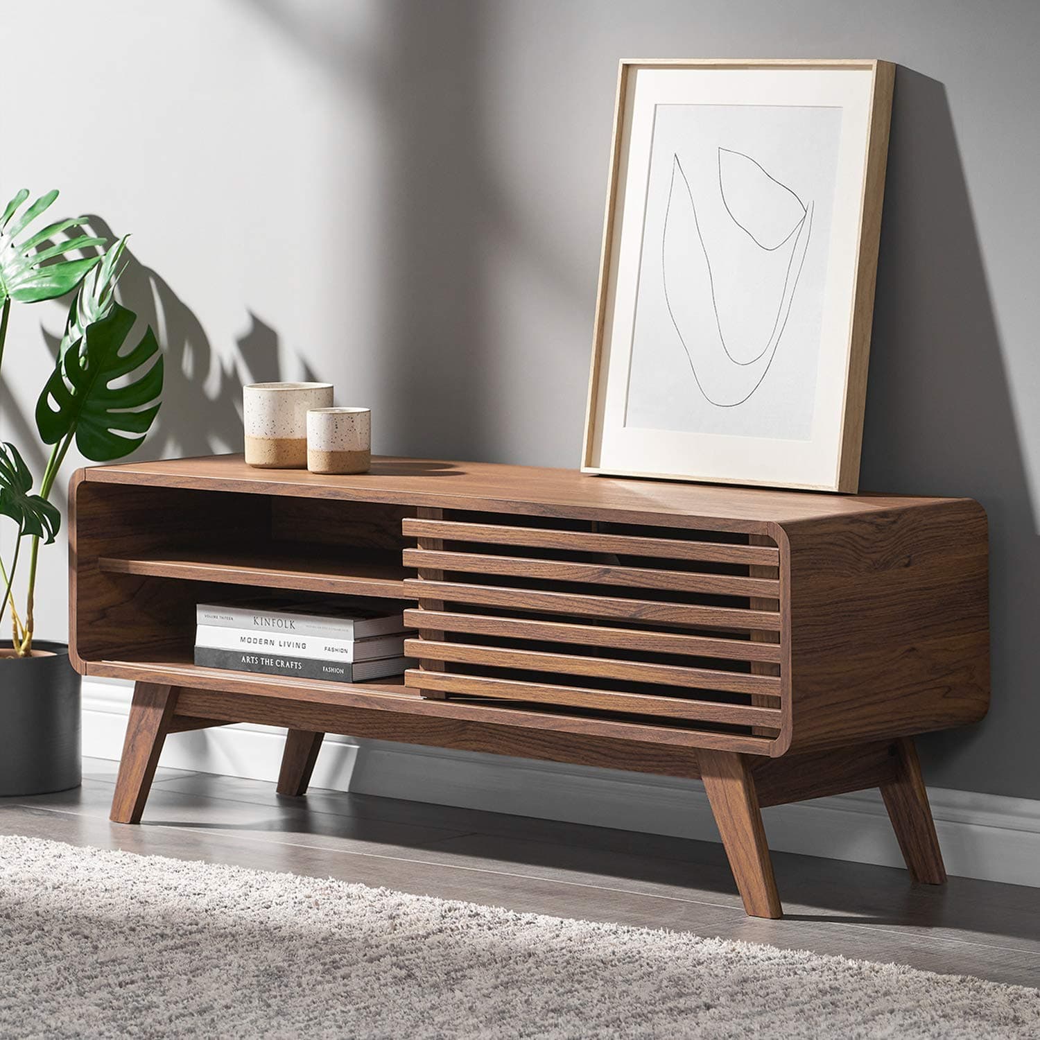 mopio Ensley Tv Stand 46" Mid-Century Modern Low Profile with Sleek Rounded Finishing Suitable for TV up to 50"
