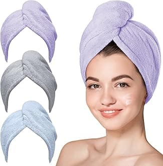 Hicober Microfiber Towel, 3 Packs Hair Turbans for Wet Hair, Drying Hair Wrap for Curly Hair Women Anti Frizz(Purple,Blue,Grey)