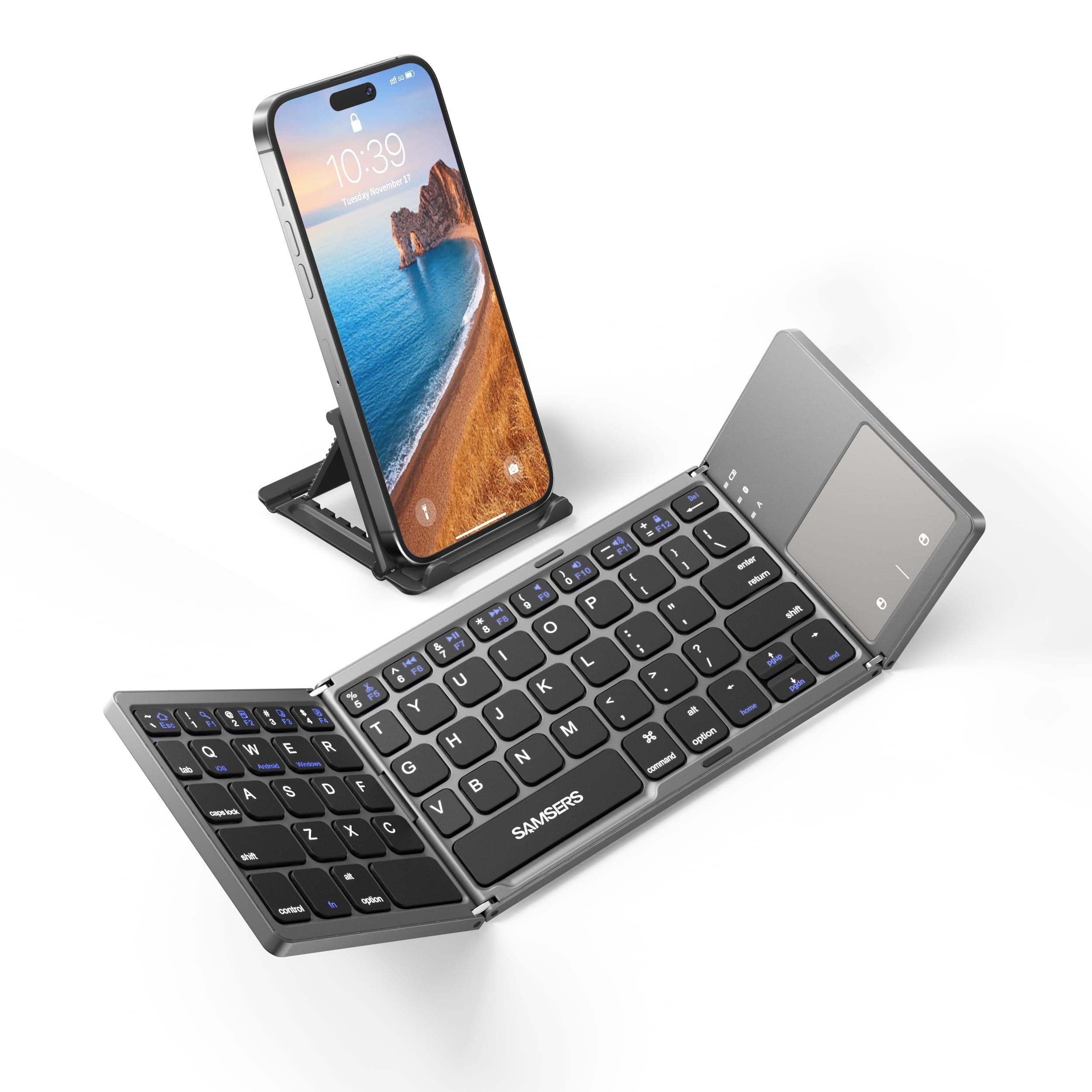 Foldable Bluetooth Keyboard with Touchpad, Portable Wireless Keyboard with Stand Holder, Rechargeable Full Size Ultra Slim Pocket Folding Keyboards for Android Windows IOS Tablet & Laptop-Gray