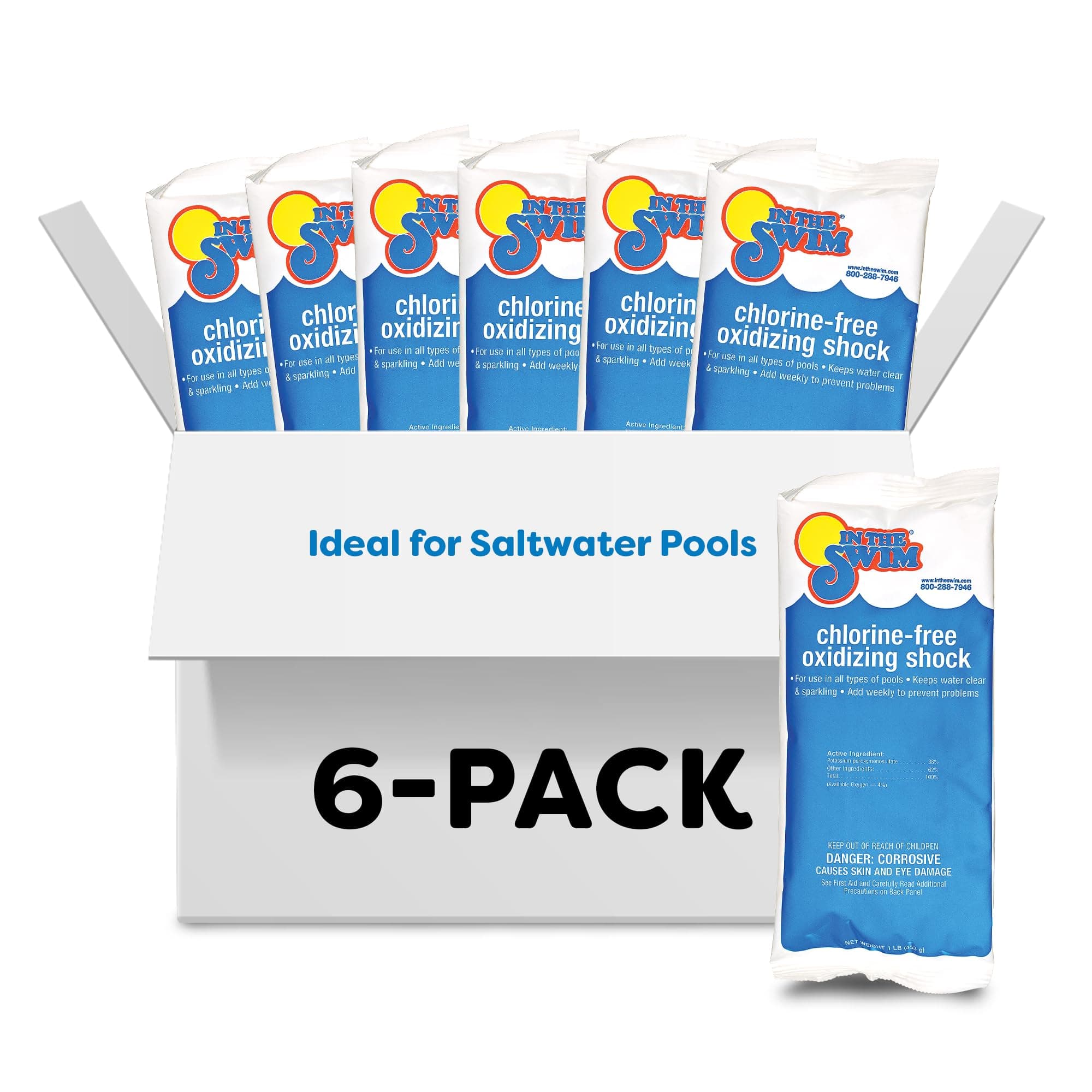 Chlorine-Free Pool Shock – Quick Dissolving, Fast-Acting, Shock-Oxidizer for Swimming Pools, Spas, and Salt Chlorinated Pools Compatible - 6 x 1 Pound Bags