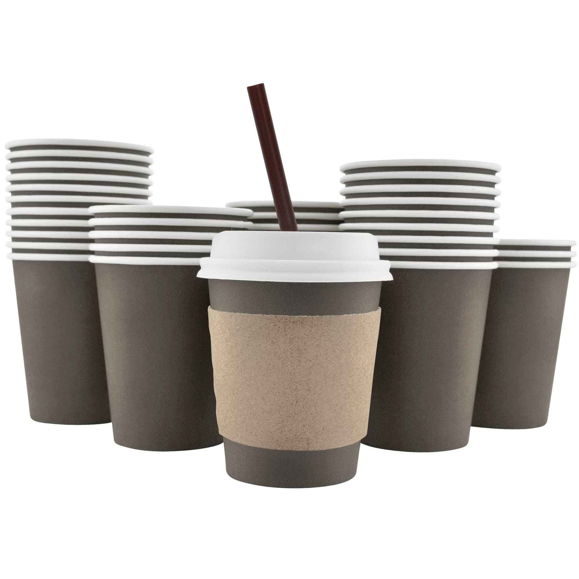 AckBrands 100 Pack - 8 Oz [12, 16, 20] Disposable Hot Paper Coffee Cups, Lids, Sleeves, Stirring Straws - Mocha Brown [Clean White]